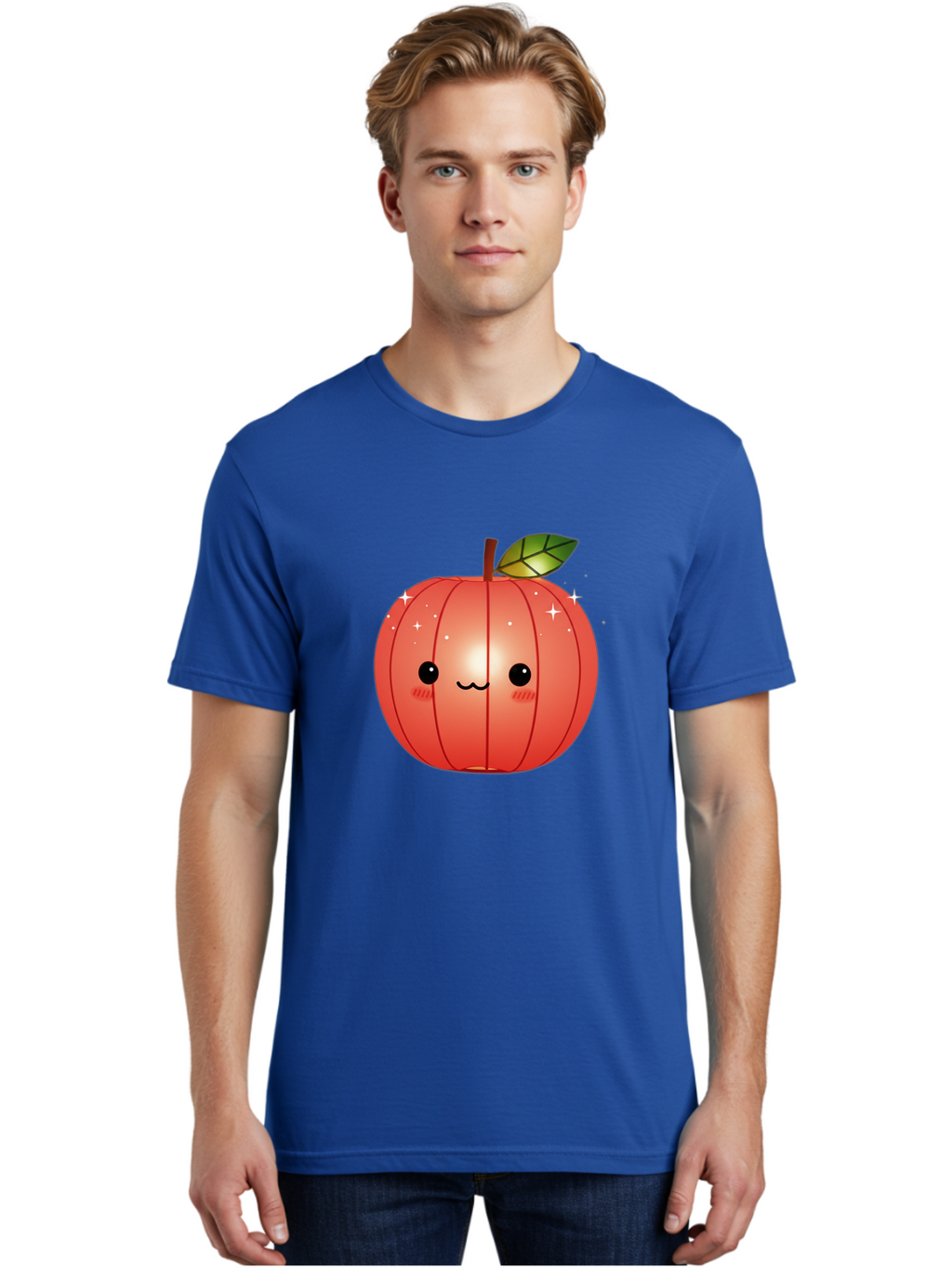 Cute-Apple Men'S Graphic Tee, 100% Cotton, Comfortable Casual Summer Wear, Machine Washable, Peach Fruit, Kawaii Character, Cartoon Style, Cute Face, Smiley Expression, Blushing Cheeks, Sparkles, Sweet Charm, Adorable Design Bac959