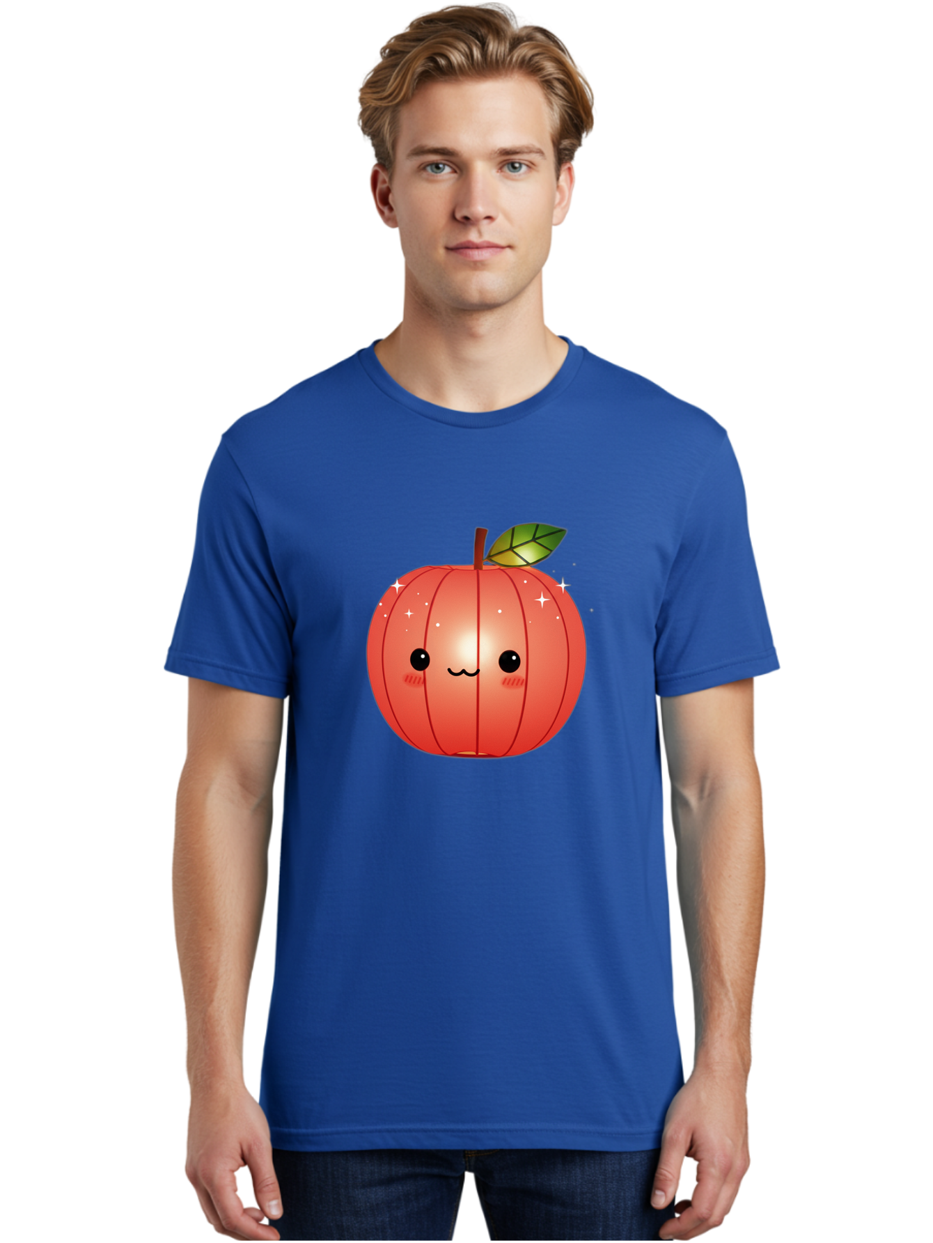 Cute-Apple Men'S Graphic Tee, 100% Cotton, Comfortable Casual Summer Wear, Machine Washable, Peach Fruit, Kawaii Character, Cartoon Style, Cute Face, Smiley Expression, Blushing Cheeks, Sparkles, Sweet Charm, Adorable Design Bac959