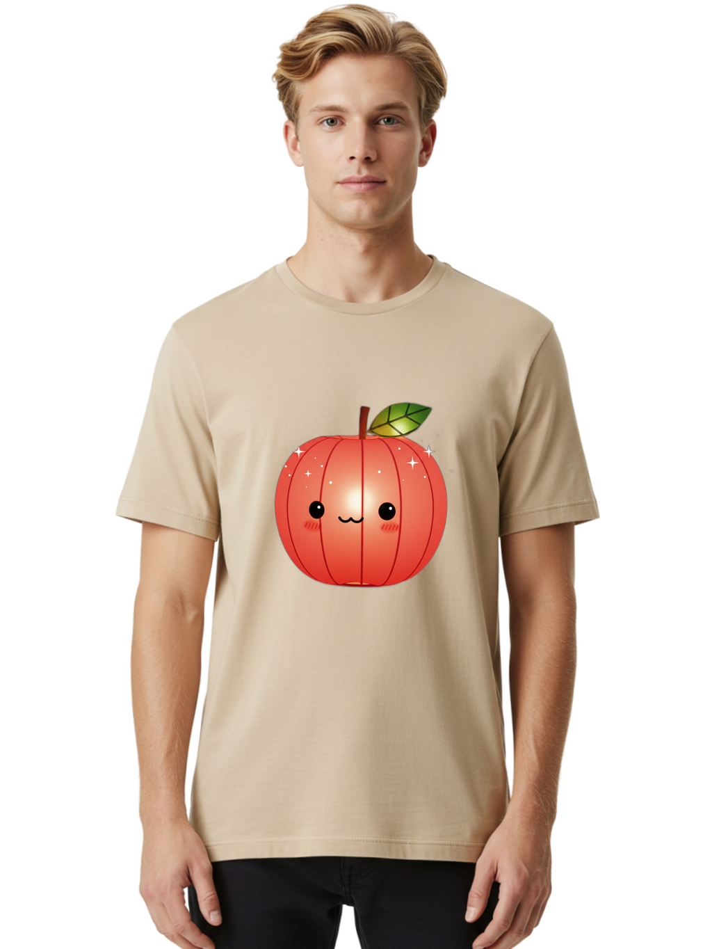 Cute-Apple Men'S Graphic Tee, 100% Cotton, Comfortable Casual Summer Wear, Machine Washable, Peach Fruit, Kawaii Character, Cartoon Style, Cute Face, Smiley Expression, Blushing Cheeks, Sparkles, Sweet Charm, Adorable Design Bac959