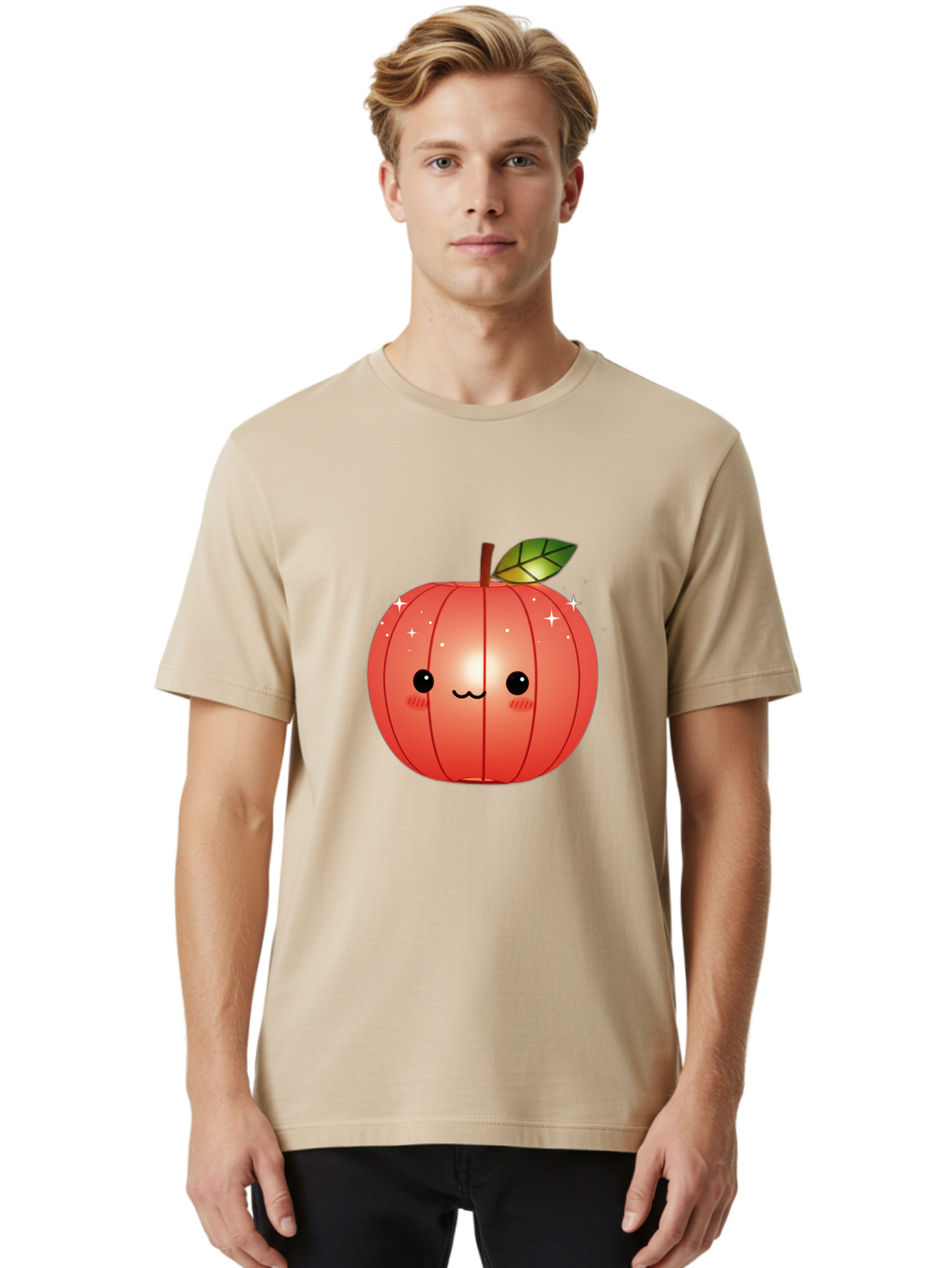 Cute-Apple Men'S Graphic Tee, 100% Cotton, Comfortable Casual Summer Wear, Machine Washable, Peach Fruit, Kawaii Character, Cartoon Style, Cute Face, Smiley Expression, Blushing Cheeks, Sparkles, Sweet Charm, Adorable Design Bac959