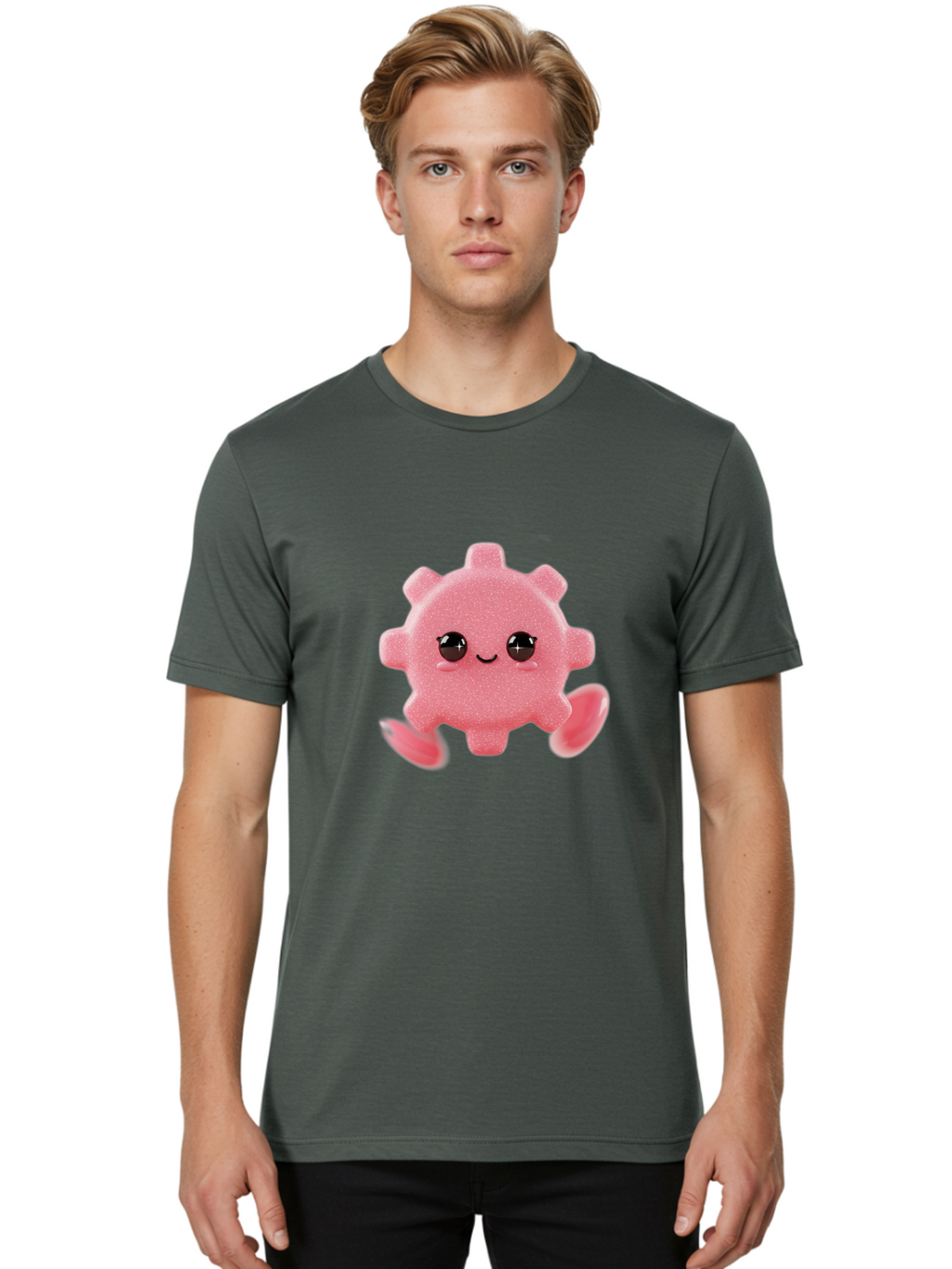 Cute-Axolotl Men'S Graphic Tee, 100% Cotton, Comfortable Casual Summer Wear, Machine Washable, Pink Axolotl, Cute Cartoon Character, Smiling Face, Sparkly Eyes, Playful Creature, Adorable Animal, Kawaii Character, Fluffy Texture, Bac960