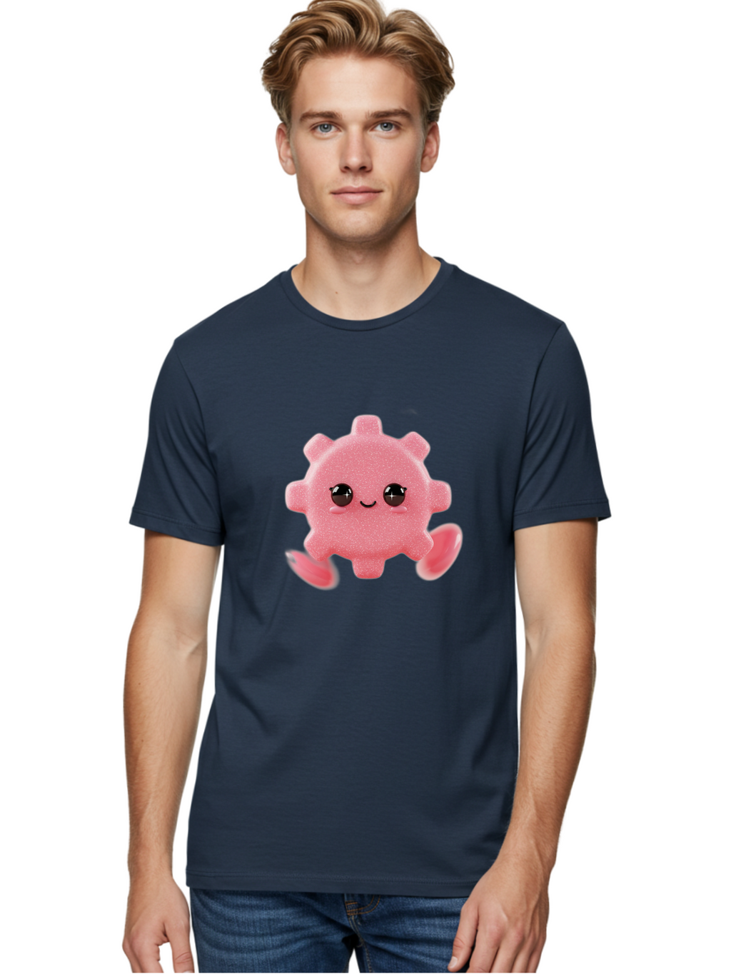 Cute-Axolotl Men'S Graphic Tee, 100% Cotton, Comfortable Casual Summer Wear, Machine Washable, Pink Axolotl, Cute Cartoon Character, Smiling Face, Sparkly Eyes, Playful Creature, Adorable Animal, Kawaii Character, Fluffy Texture, Bac960