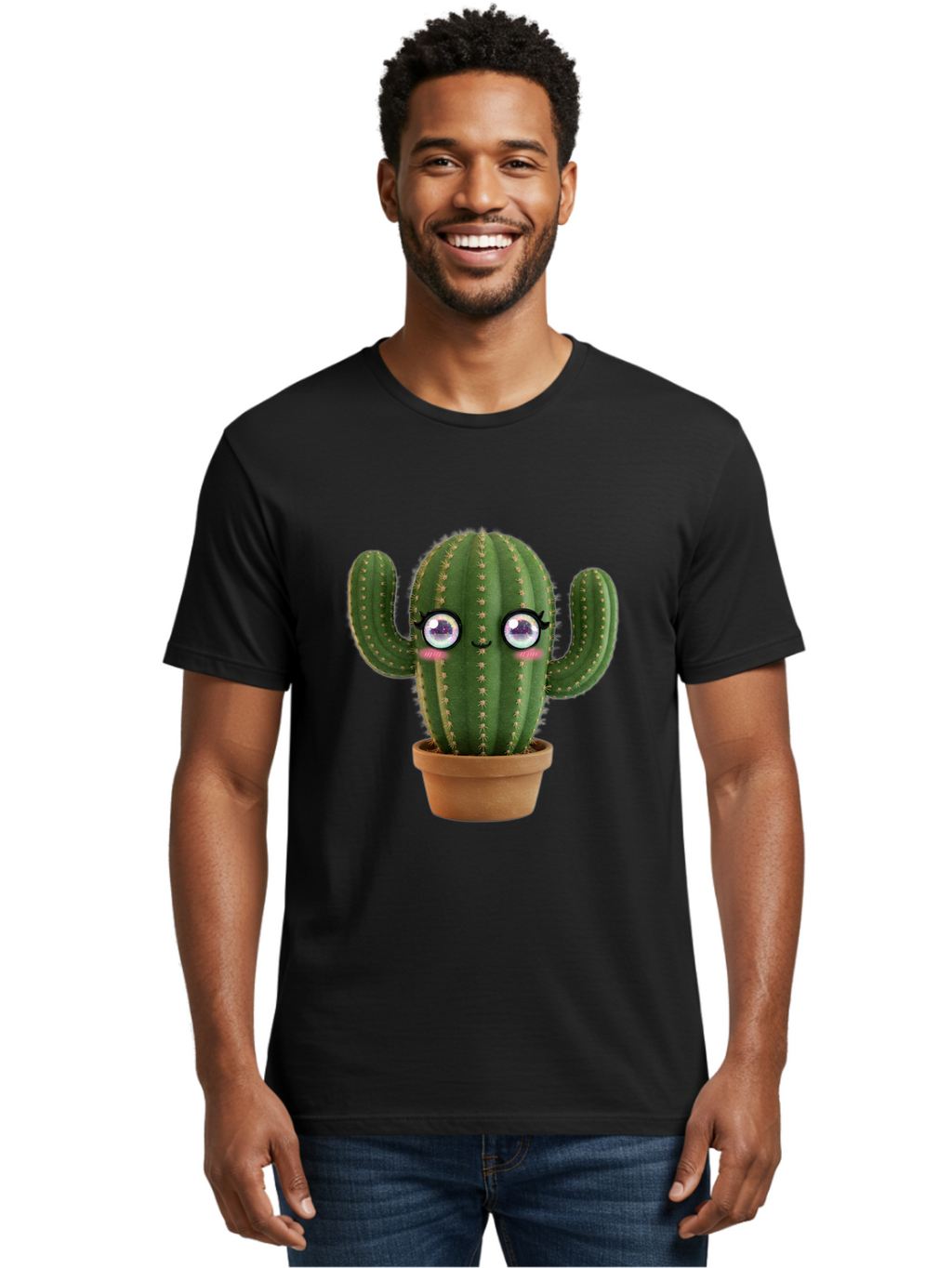 Cute-Cactus-1 Men'S Graphic Tee, 100% Cotton, Comfortable Casual Summer Wear, Machine Washable, Cartoon Cactus, Anthropomorphic Plant, Kawaii Character, Potted Cactus, Succulent Design, Funny Face, Cute Eyes, Terracotta Pot, Quirky Character, Bac961