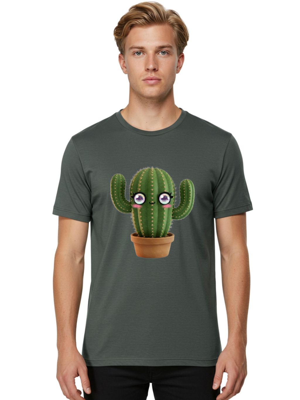 Cute-Cactus-1 Men'S Graphic Tee, 100% Cotton, Comfortable Casual Summer Wear, Machine Washable, Cartoon Cactus, Anthropomorphic Plant, Kawaii Character, Potted Cactus, Succulent Design, Funny Face, Cute Eyes, Terracotta Pot, Quirky Character, Bac961