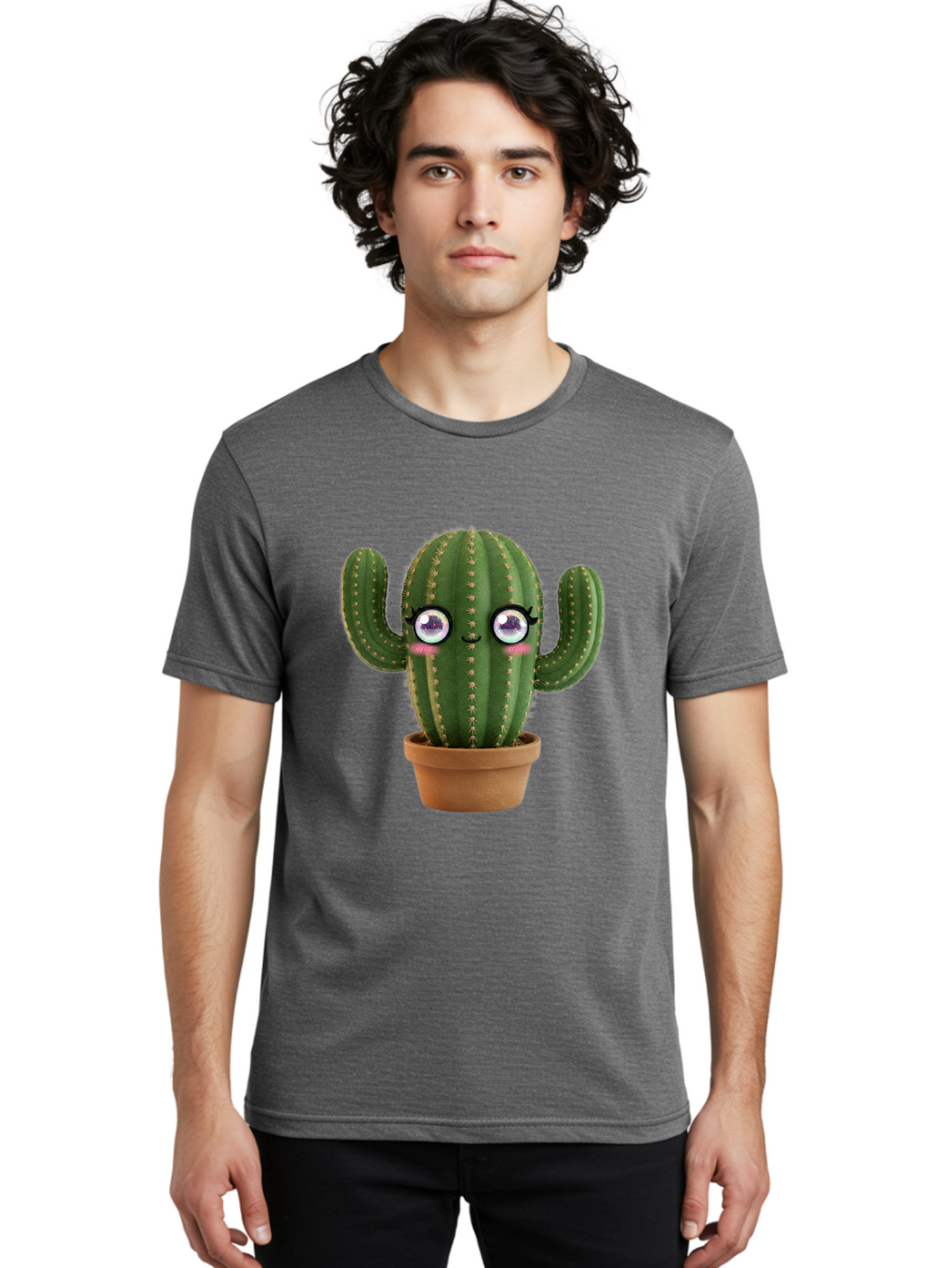 Cute-Cactus-1 Men'S Graphic Tee, 100% Cotton, Comfortable Casual Summer Wear, Machine Washable, Cartoon Cactus, Anthropomorphic Plant, Kawaii Character, Potted Cactus, Succulent Design, Funny Face, Cute Eyes, Terracotta Pot, Quirky Character, Bac961