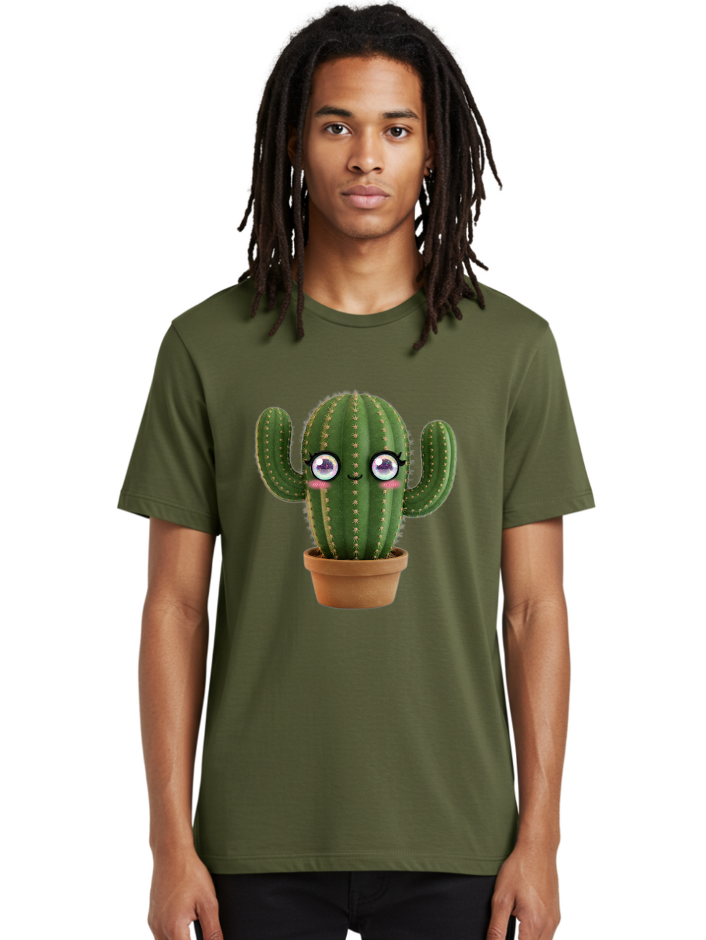 Cute-Cactus-1 Men'S Graphic Tee, 100% Cotton, Comfortable Casual Summer Wear, Machine Washable, Cartoon Cactus, Anthropomorphic Plant, Kawaii Character, Potted Cactus, Succulent Design, Funny Face, Cute Eyes, Terracotta Pot, Quirky Character, Bac961