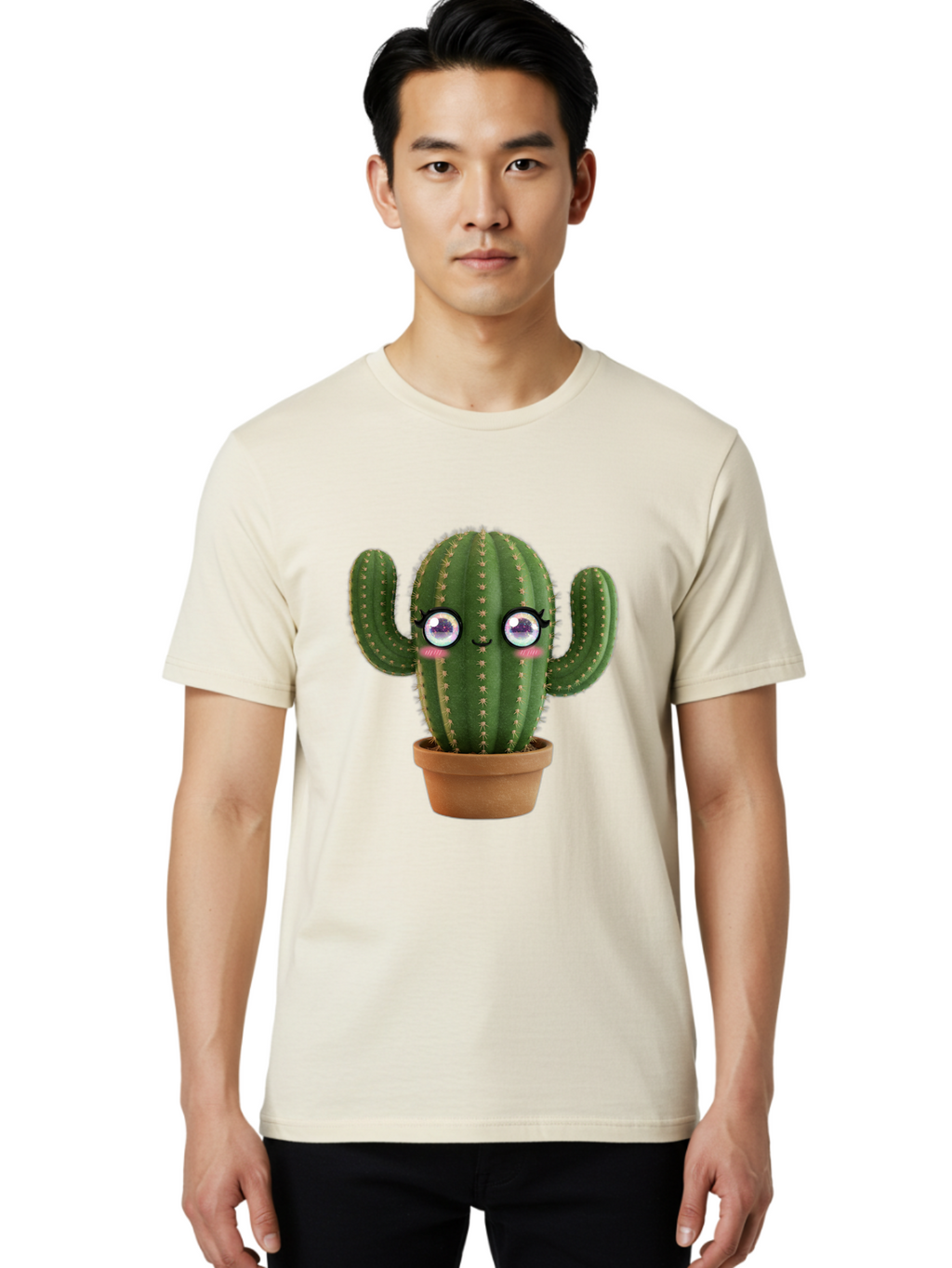 Cute-Cactus-1 Men'S Graphic Tee, 100% Cotton, Comfortable Casual Summer Wear, Machine Washable, Cartoon Cactus, Anthropomorphic Plant, Kawaii Character, Potted Cactus, Succulent Design, Funny Face, Cute Eyes, Terracotta Pot, Quirky Character, Bac961