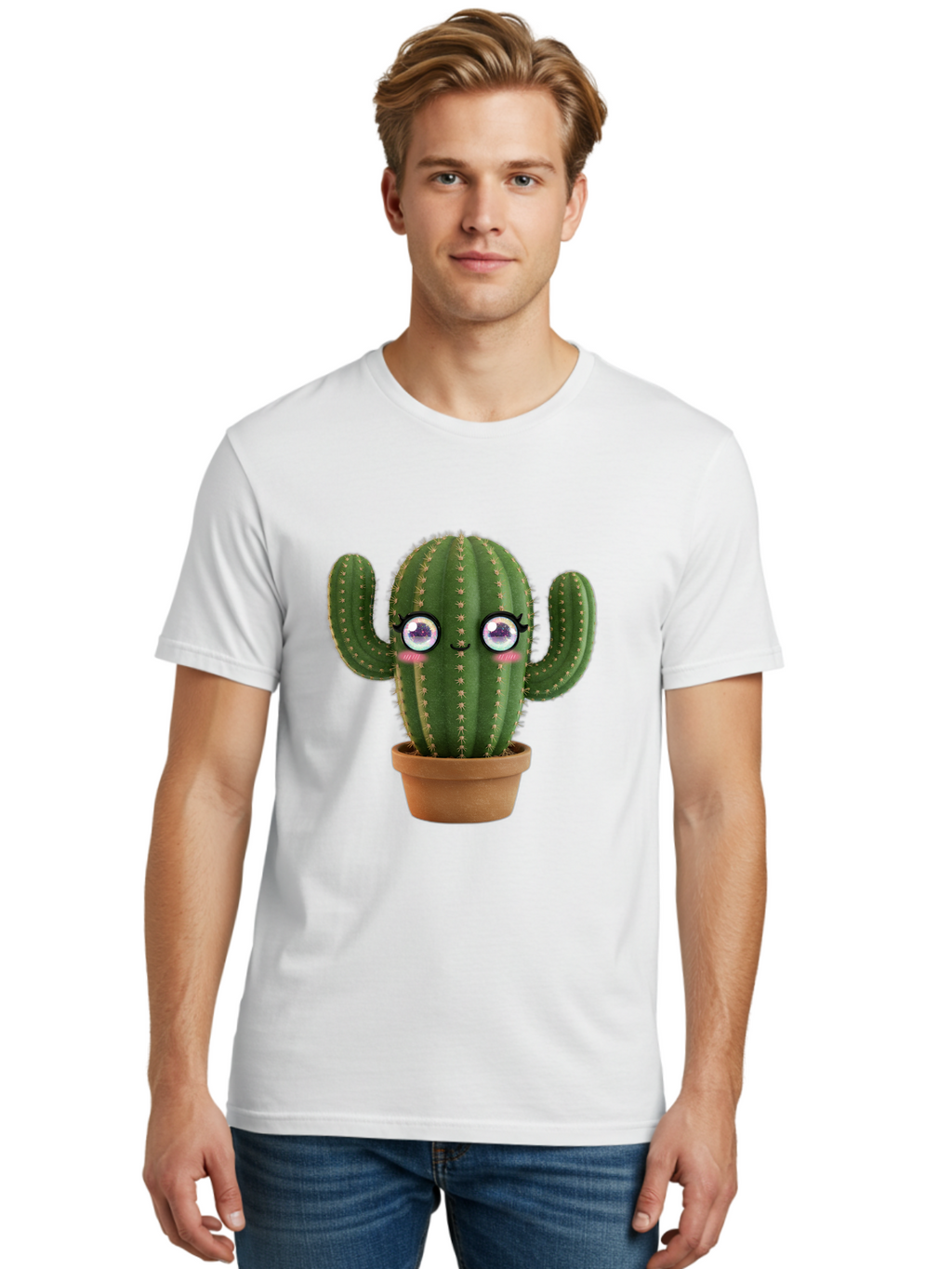 Cute-Cactus-1 Men'S Graphic Tee, 100% Cotton, Comfortable Casual Summer Wear, Machine Washable, Cartoon Cactus, Anthropomorphic Plant, Kawaii Character, Potted Cactus, Succulent Design, Funny Face, Cute Eyes, Terracotta Pot, Quirky Character, Bac961