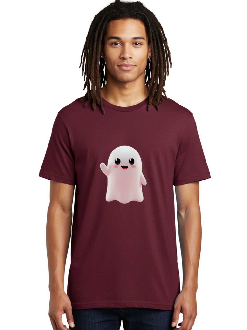Cute-Ghost Men'S Graphic Tee, 100% Cotton, Comfortable Casual Summer Wear, Machine Washable, Happy Ghost, Cartoon Character, Friendly Spirit, Kawaii Design, Smiling Face, Waving Hand, Adorable Illustration, Cute Eyes, Playful Gesture, Bac963