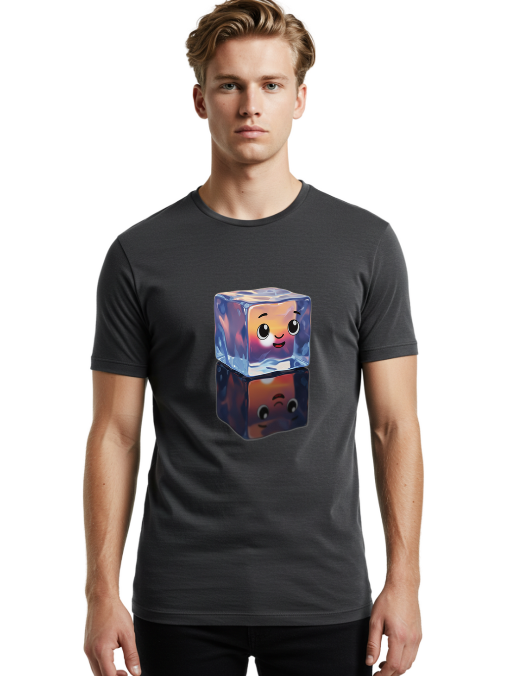 Cute-Ice-Cube Men'S Graphic Tee, 100% Cotton, Comfortable Casual Summer Wear, Machine Washable, Ice Cube, Cute Expression, Smiley Face, Cartoon Character, Digital Illustration, Emoji, Reflection, Transparent, Frosty, Fun, Kawaii, Emoticon, Bac964