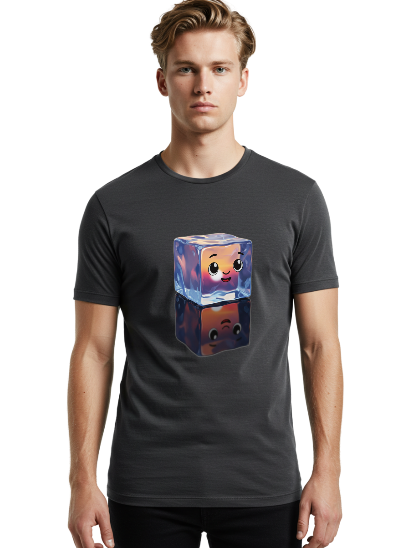 Cute-Ice-Cube Men'S Graphic Tee, 100% Cotton, Comfortable Casual Summer Wear, Machine Washable, Ice Cube, Cute Expression, Smiley Face, Cartoon Character, Digital Illustration, Emoji, Reflection, Transparent, Frosty, Fun, Kawaii, Emoticon, Bac964
