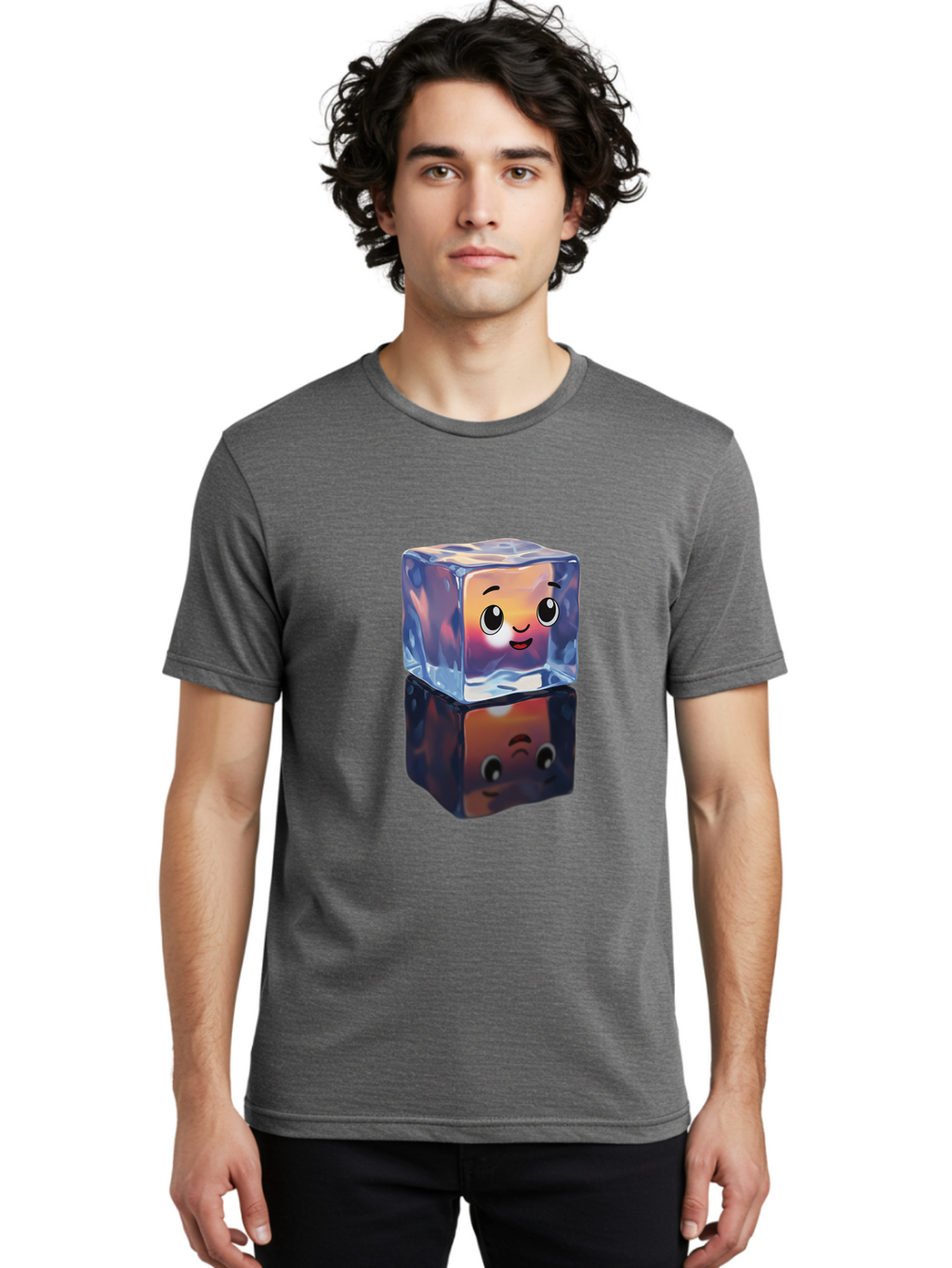 Cute-Ice-Cube Men'S Graphic Tee, 100% Cotton, Comfortable Casual Summer Wear, Machine Washable, Ice Cube, Cute Expression, Smiley Face, Cartoon Character, Digital Illustration, Emoji, Reflection, Transparent, Frosty, Fun, Kawaii, Emoticon, Bac964