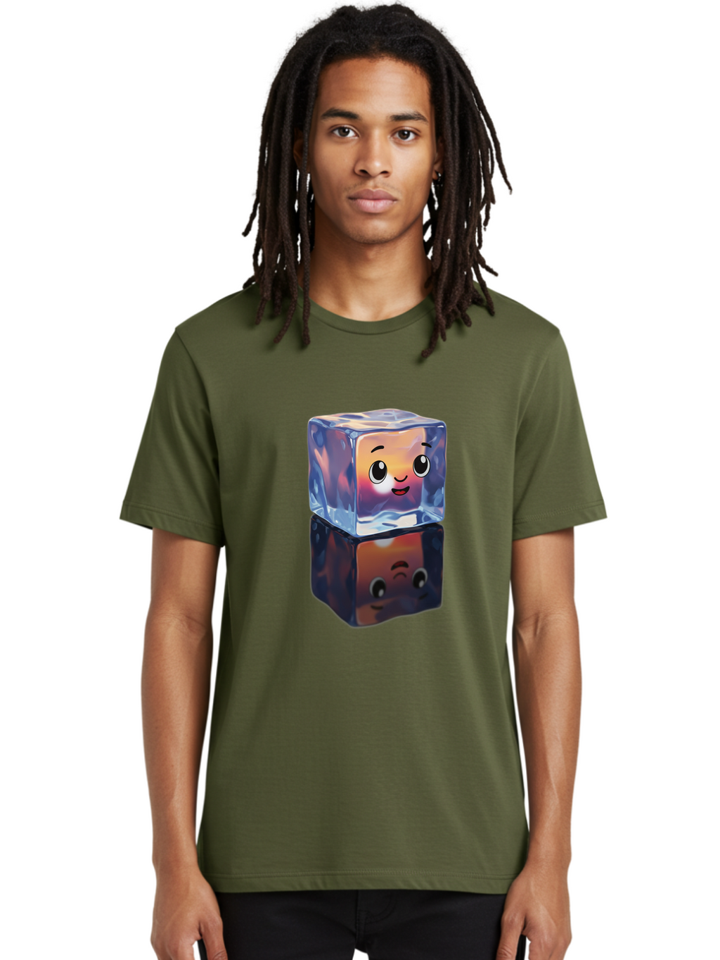 Cute-Ice-Cube Men'S Graphic Tee, 100% Cotton, Comfortable Casual Summer Wear, Machine Washable, Ice Cube, Cute Expression, Smiley Face, Cartoon Character, Digital Illustration, Emoji, Reflection, Transparent, Frosty, Fun, Kawaii, Emoticon, Bac964