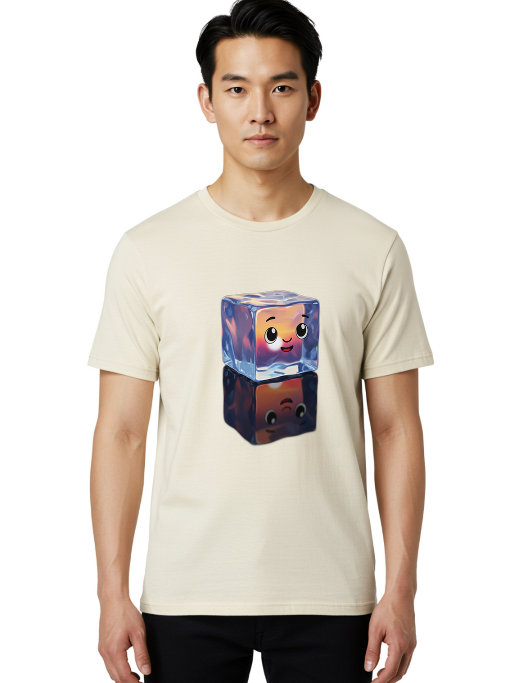 Cute-Ice-Cube Men'S Graphic Tee, 100% Cotton, Comfortable Casual Summer Wear, Machine Washable, Ice Cube, Cute Expression, Smiley Face, Cartoon Character, Digital Illustration, Emoji, Reflection, Transparent, Frosty, Fun, Kawaii, Emoticon, Bac964