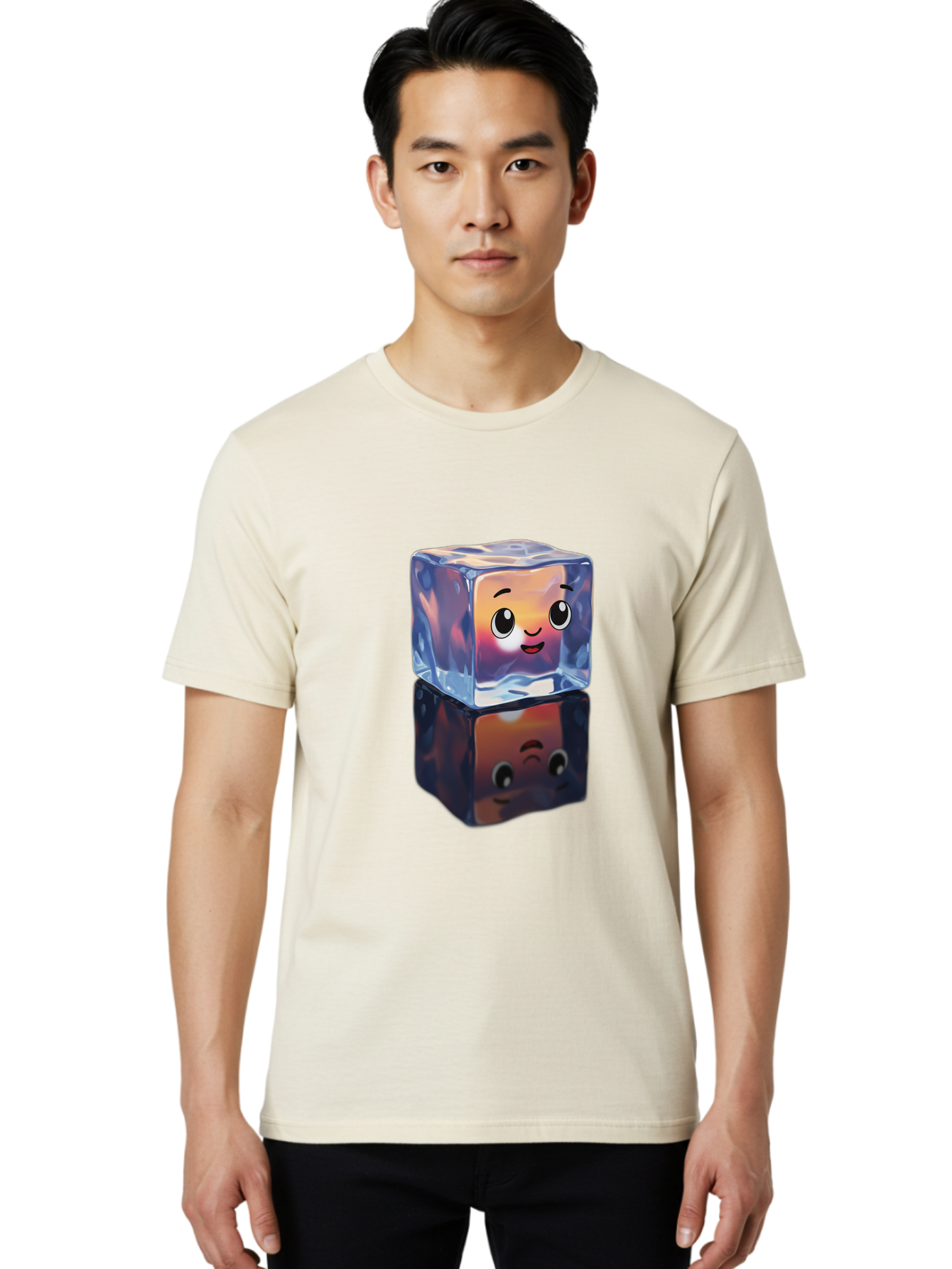 Cute-Ice-Cube Men'S Graphic Tee, 100% Cotton, Comfortable Casual Summer Wear, Machine Washable, Ice Cube, Cute Expression, Smiley Face, Cartoon Character, Digital Illustration, Emoji, Reflection, Transparent, Frosty, Fun, Kawaii, Emoticon, Bac964