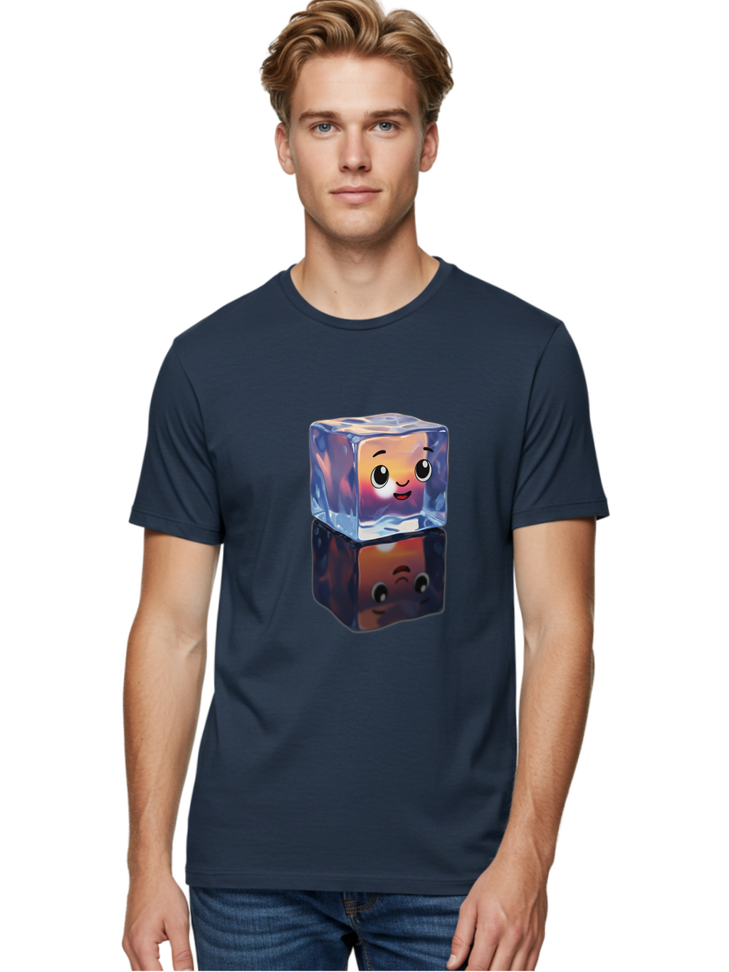 Cute-Ice-Cube Men'S Graphic Tee, 100% Cotton, Comfortable Casual Summer Wear, Machine Washable, Ice Cube, Cute Expression, Smiley Face, Cartoon Character, Digital Illustration, Emoji, Reflection, Transparent, Frosty, Fun, Kawaii, Emoticon, Bac964