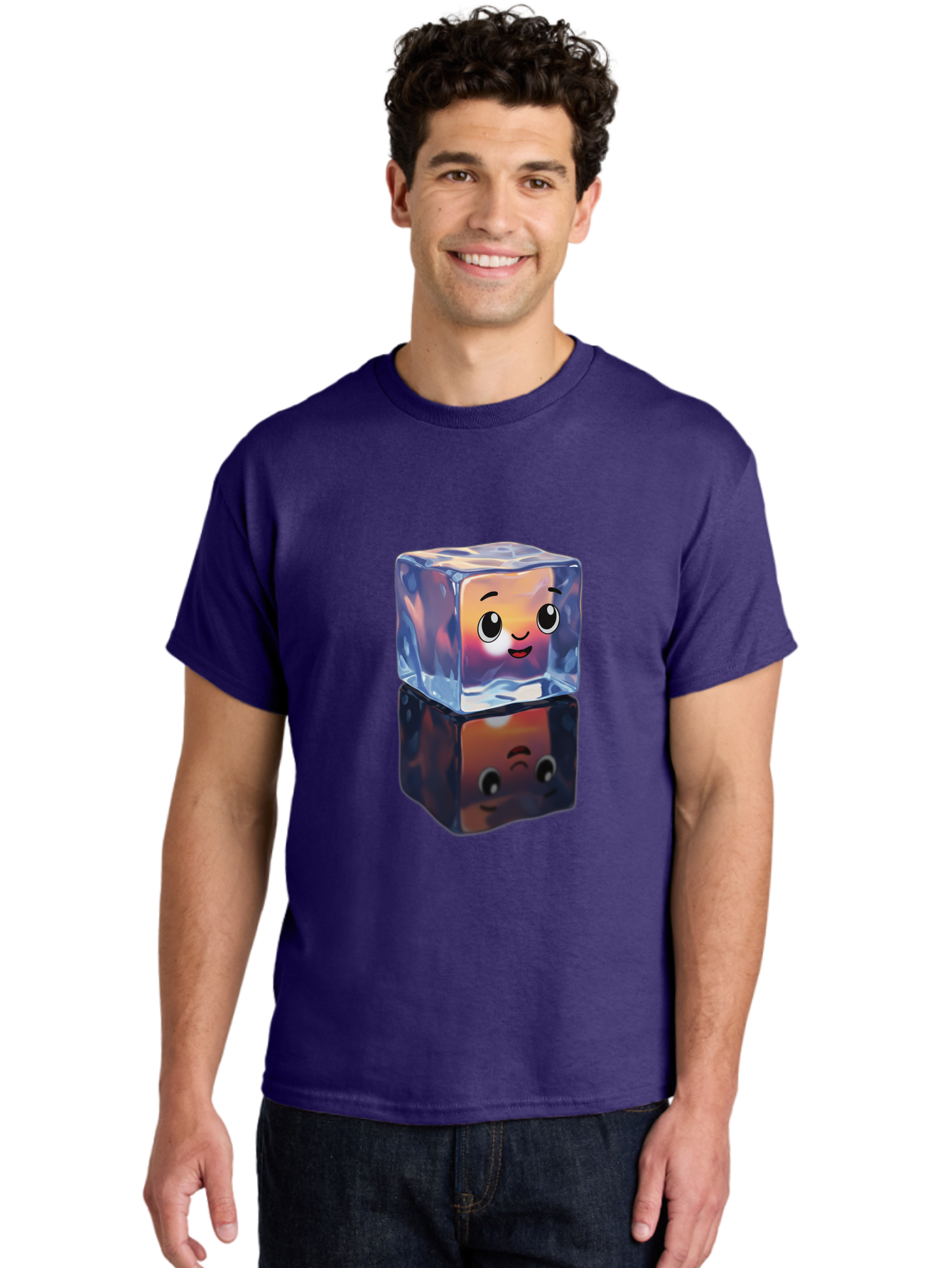 Cute-Ice-Cube Men'S Graphic Tee, 100% Cotton, Comfortable Casual Summer Wear, Machine Washable, Ice Cube, Cute Expression, Smiley Face, Cartoon Character, Digital Illustration, Emoji, Reflection, Transparent, Frosty, Fun, Kawaii, Emoticon, Bac964
