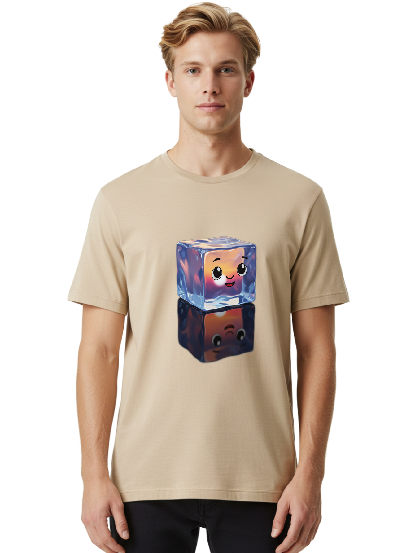 Cute-Ice-Cube Men'S Graphic Tee, 100% Cotton, Comfortable Casual Summer Wear, Machine Washable, Ice Cube, Cute Expression, Smiley Face, Cartoon Character, Digital Illustration, Emoji, Reflection, Transparent, Frosty, Fun, Kawaii, Emoticon, Bac964