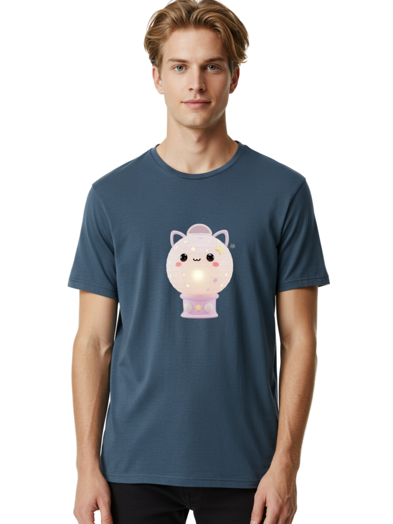 Cute-Kitty-Lamp Men'S Graphic Tee, 100% Cotton, Comfortable Casual Summer Wear, Machine Washable, Kawaii Lamp, Night Light, Cartoon Character, Cute Design, Soft Lighting, Pastel Colors, Adorable Face, Stars And Moons, Childrens Bedroom Decor, Bac965