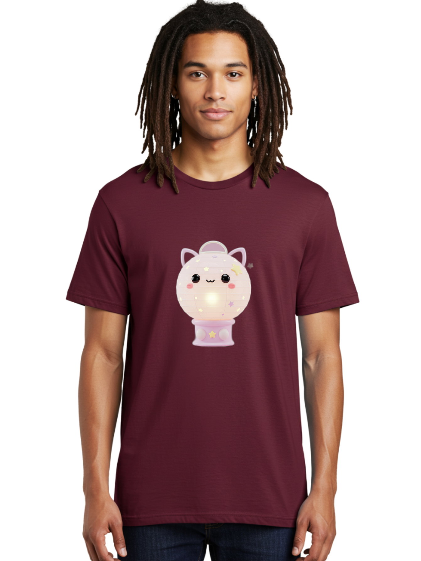 Cute-Kitty-Lamp Men'S Graphic Tee, 100% Cotton, Comfortable Casual Summer Wear, Machine Washable, Kawaii Lamp, Night Light, Cartoon Character, Cute Design, Soft Lighting, Pastel Colors, Adorable Face, Stars And Moons, Childrens Bedroom Decor, Bac965