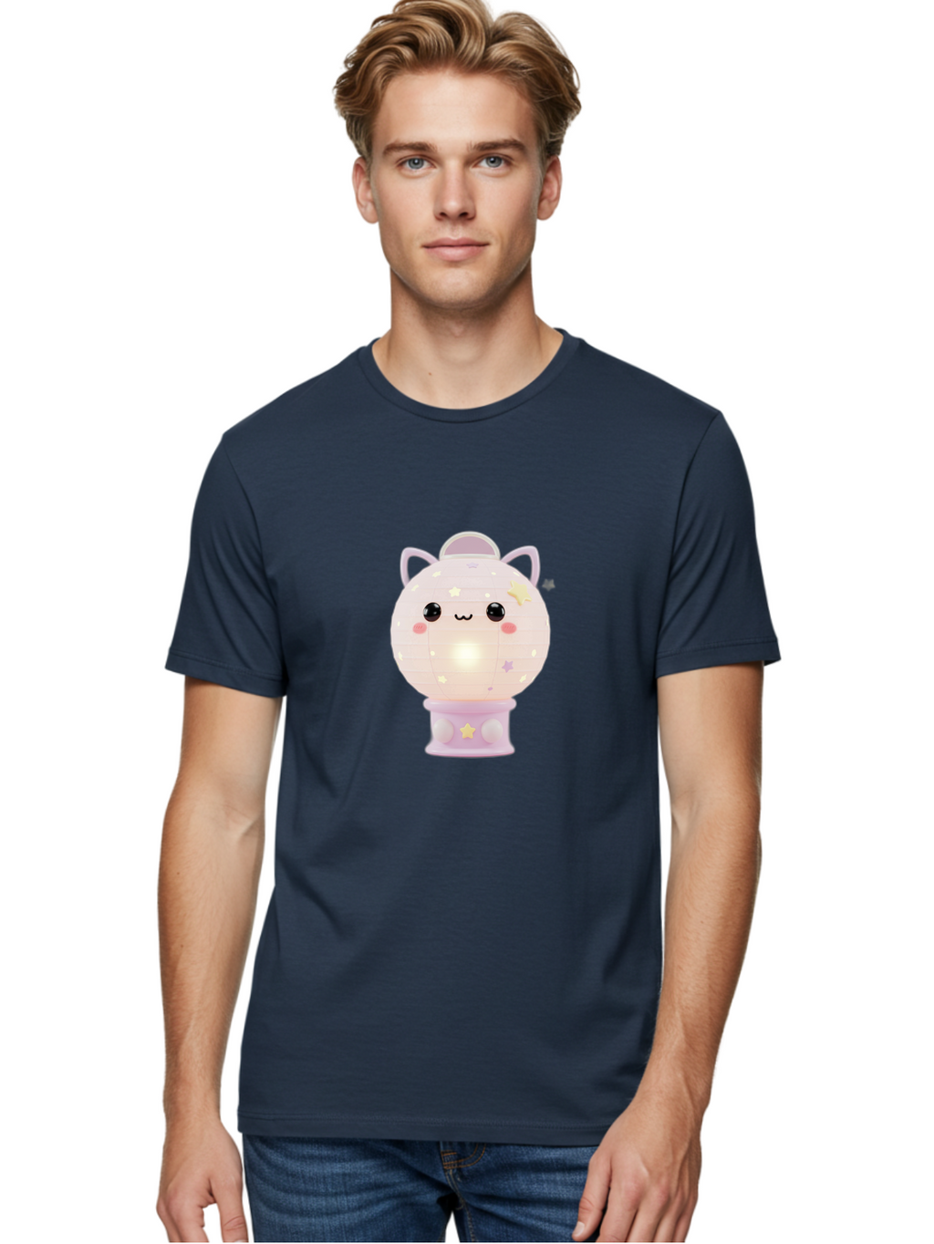 Cute-Kitty-Lamp Men'S Graphic Tee, 100% Cotton, Comfortable Casual Summer Wear, Machine Washable, Kawaii Lamp, Night Light, Cartoon Character, Cute Design, Soft Lighting, Pastel Colors, Adorable Face, Stars And Moons, Childrens Bedroom Decor, Bac965