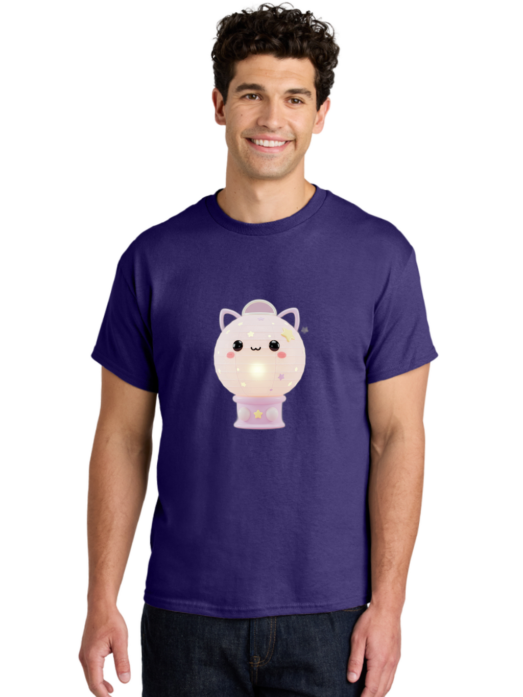 Cute-Kitty-Lamp Men'S Graphic Tee, 100% Cotton, Comfortable Casual Summer Wear, Machine Washable, Kawaii Lamp, Night Light, Cartoon Character, Cute Design, Soft Lighting, Pastel Colors, Adorable Face, Stars And Moons, Childrens Bedroom Decor, Bac965