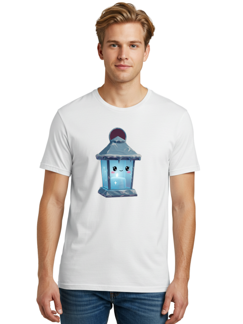 Cute-Lantern-2 Men'S Graphic Tee, 100% Cotton, Comfortable Casual Summer Wear, Machine Washable, Cute Lantern, Cartoon-Style Lantern, Smiling Face, Glowing Candle, Festive Atmosphere, Icy Blue, Sparkly, Adorable Character, Bac967
