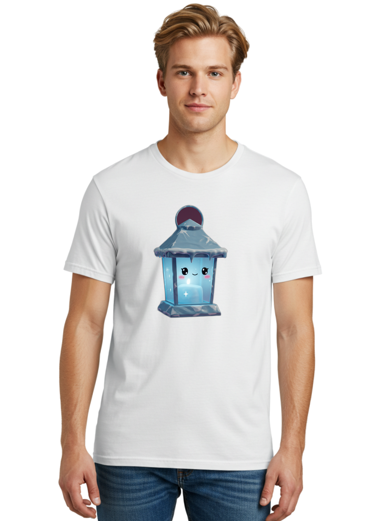 Cute-Lantern-2 Men'S Graphic Tee, 100% Cotton, Comfortable Casual Summer Wear, Machine Washable, Cute Lantern, Cartoon-Style Lantern, Smiling Face, Glowing Candle, Festive Atmosphere, Icy Blue, Sparkly, Adorable Character, Bac967
