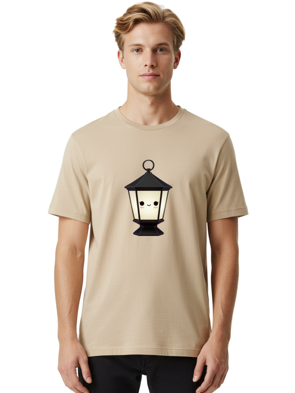 Cute-Lantern Men'S Graphic Tee, 100% Cotton, Comfortable Casual Summer Wear, Machine Washable, Cartoon Lantern, Kawaii Design, Smiling Face, Rosy Cheeks, Soft Lighting, Charming Illustration, Cute Character, Emotive Expression Bac969