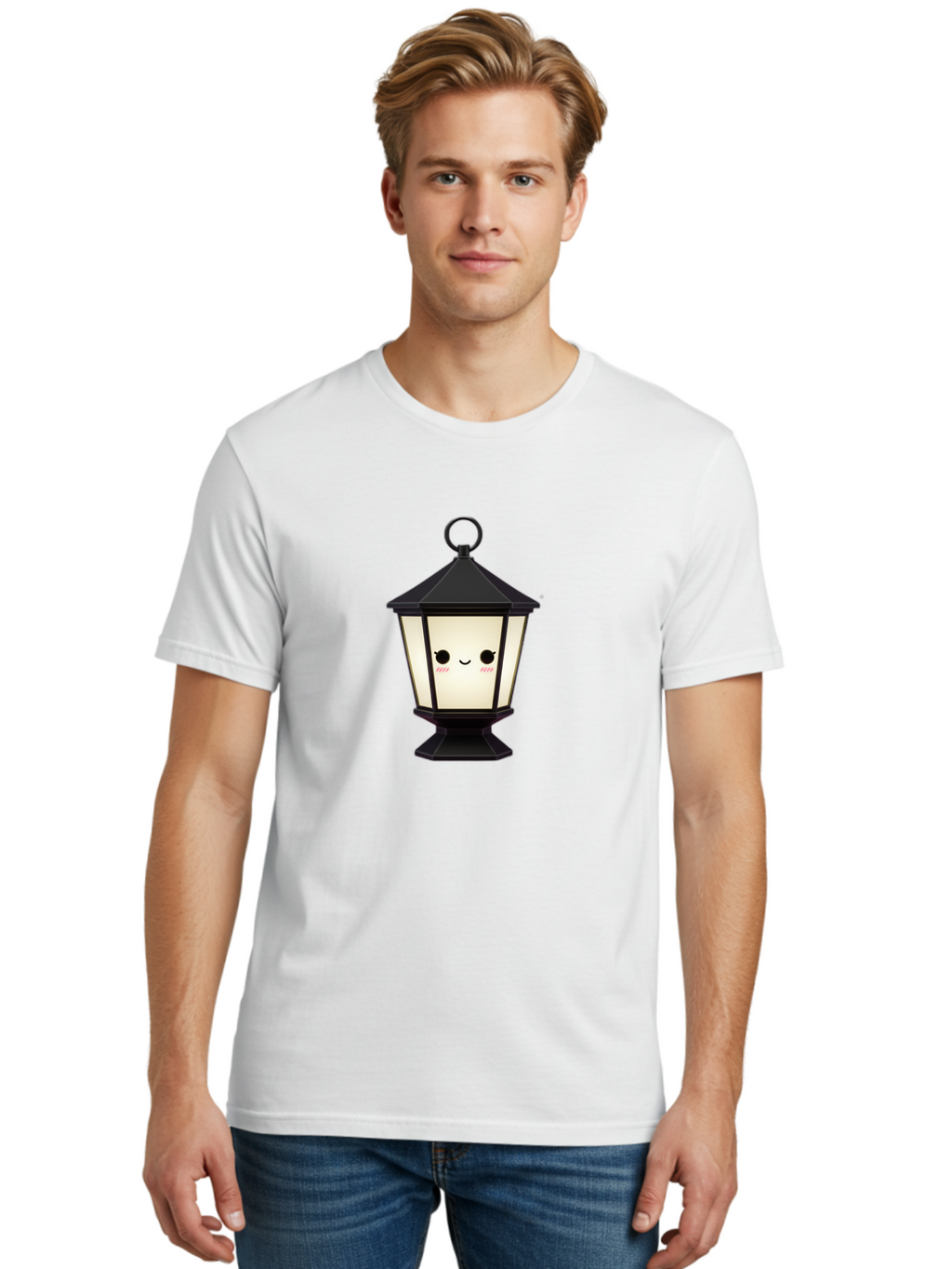 Cute-Lantern Men'S Graphic Tee, 100% Cotton, Comfortable Casual Summer Wear, Machine Washable, Cartoon Lantern, Kawaii Design, Smiling Face, Rosy Cheeks, Soft Lighting, Charming Illustration, Cute Character, Emotive Expression Bac969