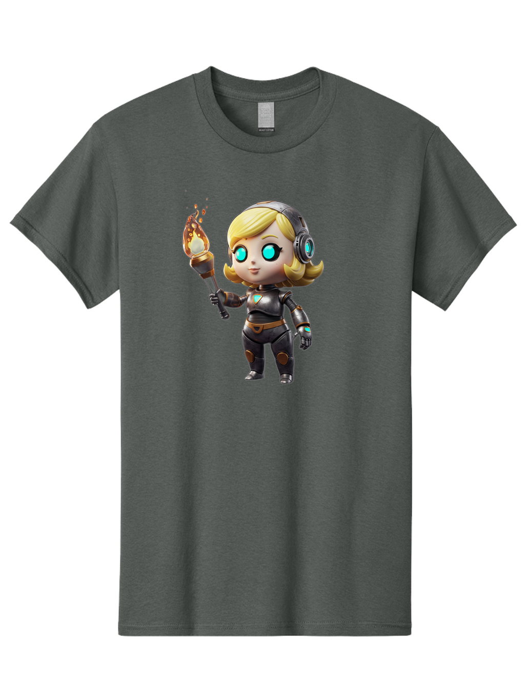 Cyberpunk-Girl Men'S Graphic Tee, 100% Cotton, Comfortable Casual Summer Wear, Machine Washable, Cartoon Girl, Robotic Armor, Futuristic Look, Blonde Hair, Blue Eyes, Torch In Hand, Flame Emitting Sparks, High-Tech Aesthetic, Cyberpunk Style, Bac970