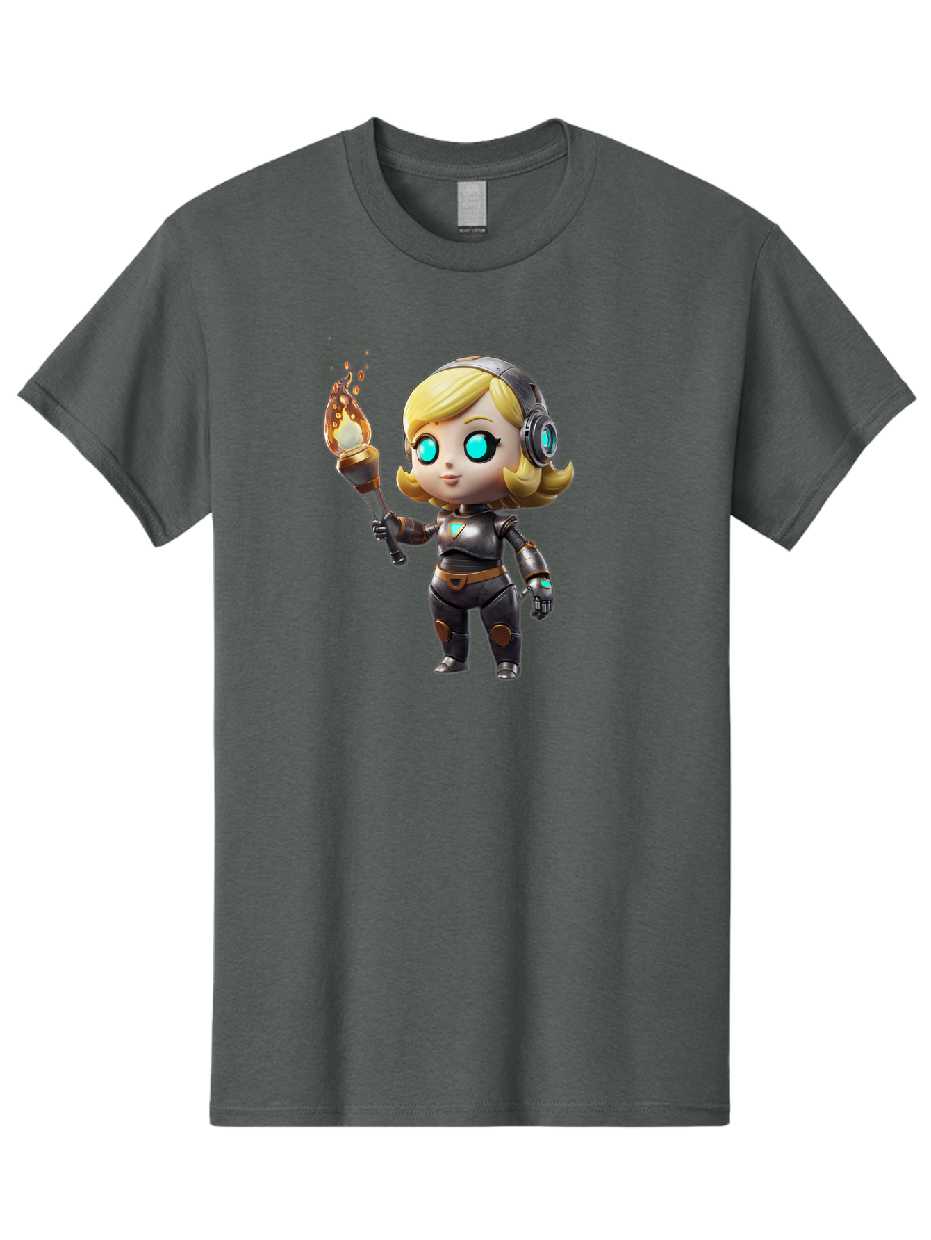 Cyberpunk-Girl Men'S Graphic Tee, 100% Cotton, Comfortable Casual Summer Wear, Machine Washable, Cartoon Girl, Robotic Armor, Futuristic Look, Blonde Hair, Blue Eyes, Torch In Hand, Flame Emitting Sparks, High-Tech Aesthetic, Cyberpunk Style, Bac970