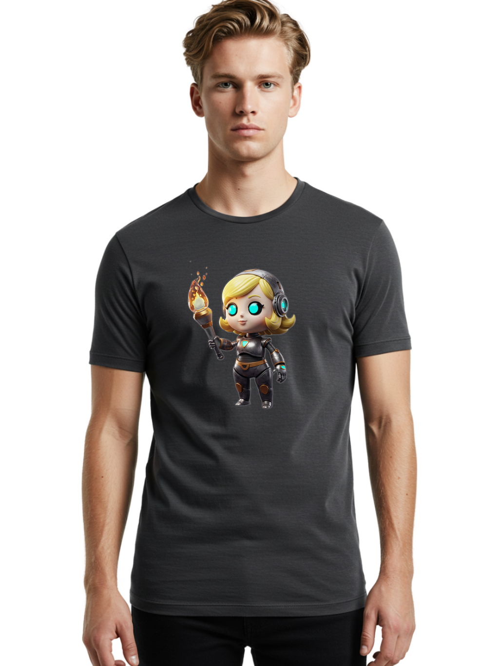 Cyberpunk-Girl Men'S Graphic Tee, 100% Cotton, Comfortable Casual Summer Wear, Machine Washable, Cartoon Girl, Robotic Armor, Futuristic Look, Blonde Hair, Blue Eyes, Torch In Hand, Flame Emitting Sparks, High-Tech Aesthetic, Cyberpunk Style, Bac970