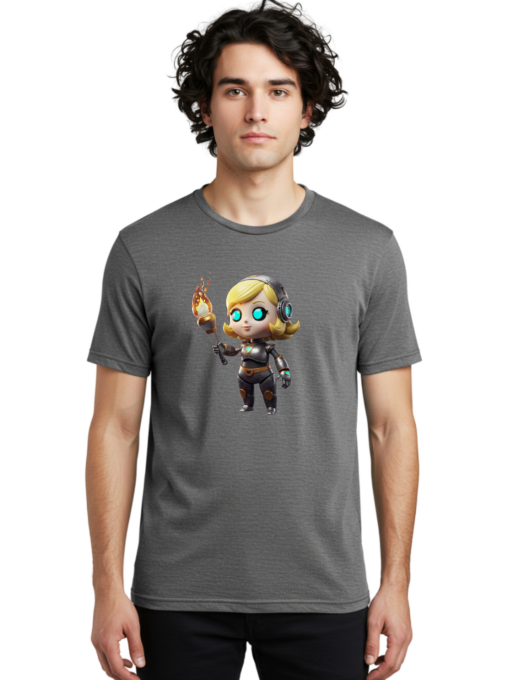 Cyberpunk-Girl Men'S Graphic Tee, 100% Cotton, Comfortable Casual Summer Wear, Machine Washable, Cartoon Girl, Robotic Armor, Futuristic Look, Blonde Hair, Blue Eyes, Torch In Hand, Flame Emitting Sparks, High-Tech Aesthetic, Cyberpunk Style, Bac970
