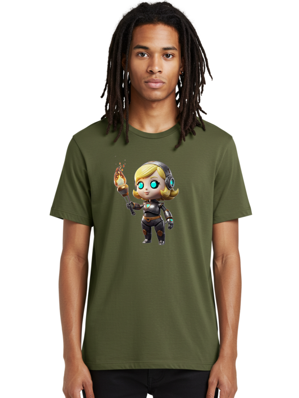 Cyberpunk-Girl Men'S Graphic Tee, 100% Cotton, Comfortable Casual Summer Wear, Machine Washable, Cartoon Girl, Robotic Armor, Futuristic Look, Blonde Hair, Blue Eyes, Torch In Hand, Flame Emitting Sparks, High-Tech Aesthetic, Cyberpunk Style, Bac970
