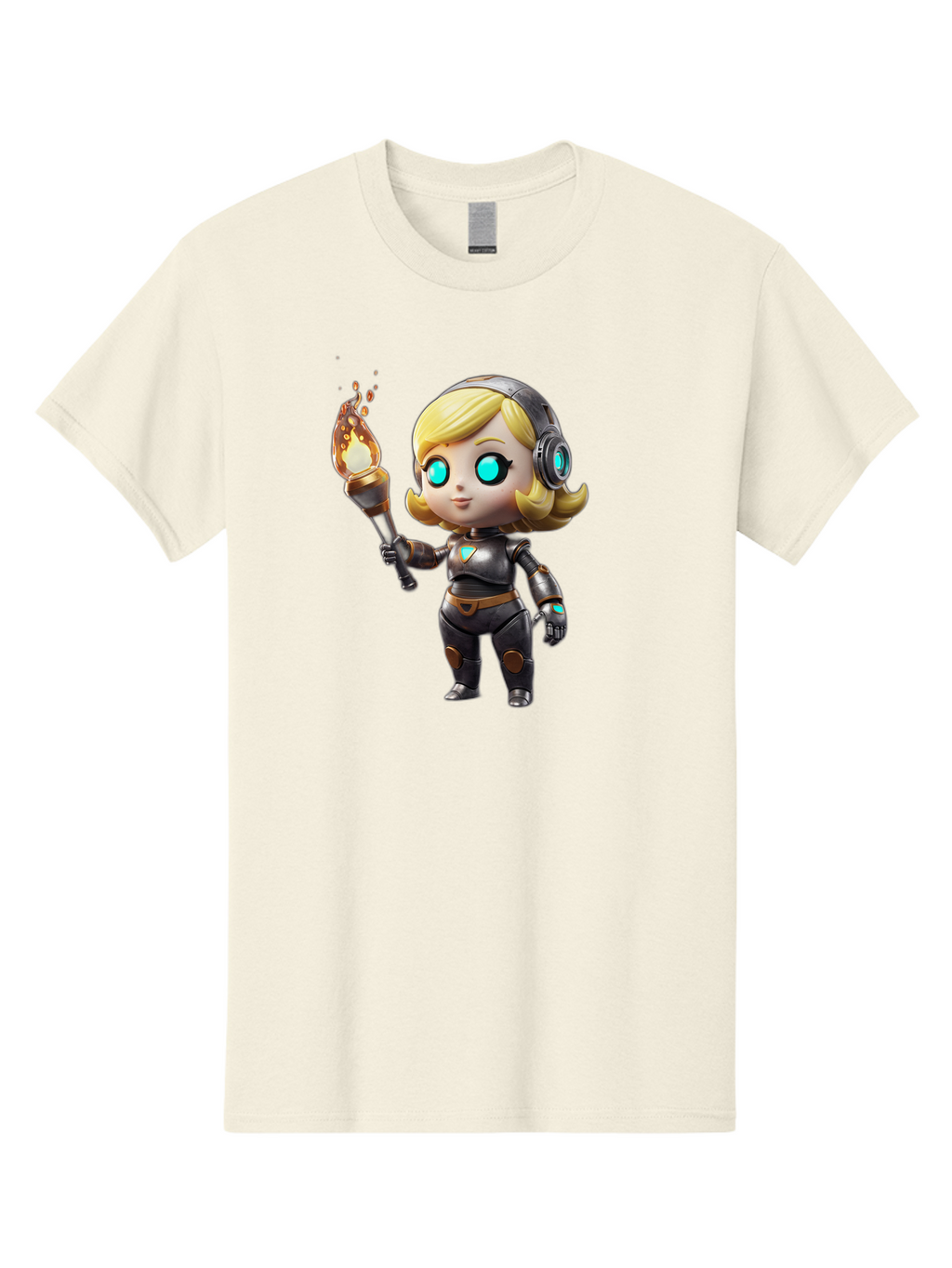 Cyberpunk-Girl Men'S Graphic Tee, 100% Cotton, Comfortable Casual Summer Wear, Machine Washable, Cartoon Girl, Robotic Armor, Futuristic Look, Blonde Hair, Blue Eyes, Torch In Hand, Flame Emitting Sparks, High-Tech Aesthetic, Cyberpunk Style, Bac970