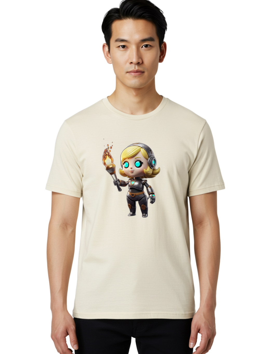 Cyberpunk-Girl Men'S Graphic Tee, 100% Cotton, Comfortable Casual Summer Wear, Machine Washable, Cartoon Girl, Robotic Armor, Futuristic Look, Blonde Hair, Blue Eyes, Torch In Hand, Flame Emitting Sparks, High-Tech Aesthetic, Cyberpunk Style, Bac970
