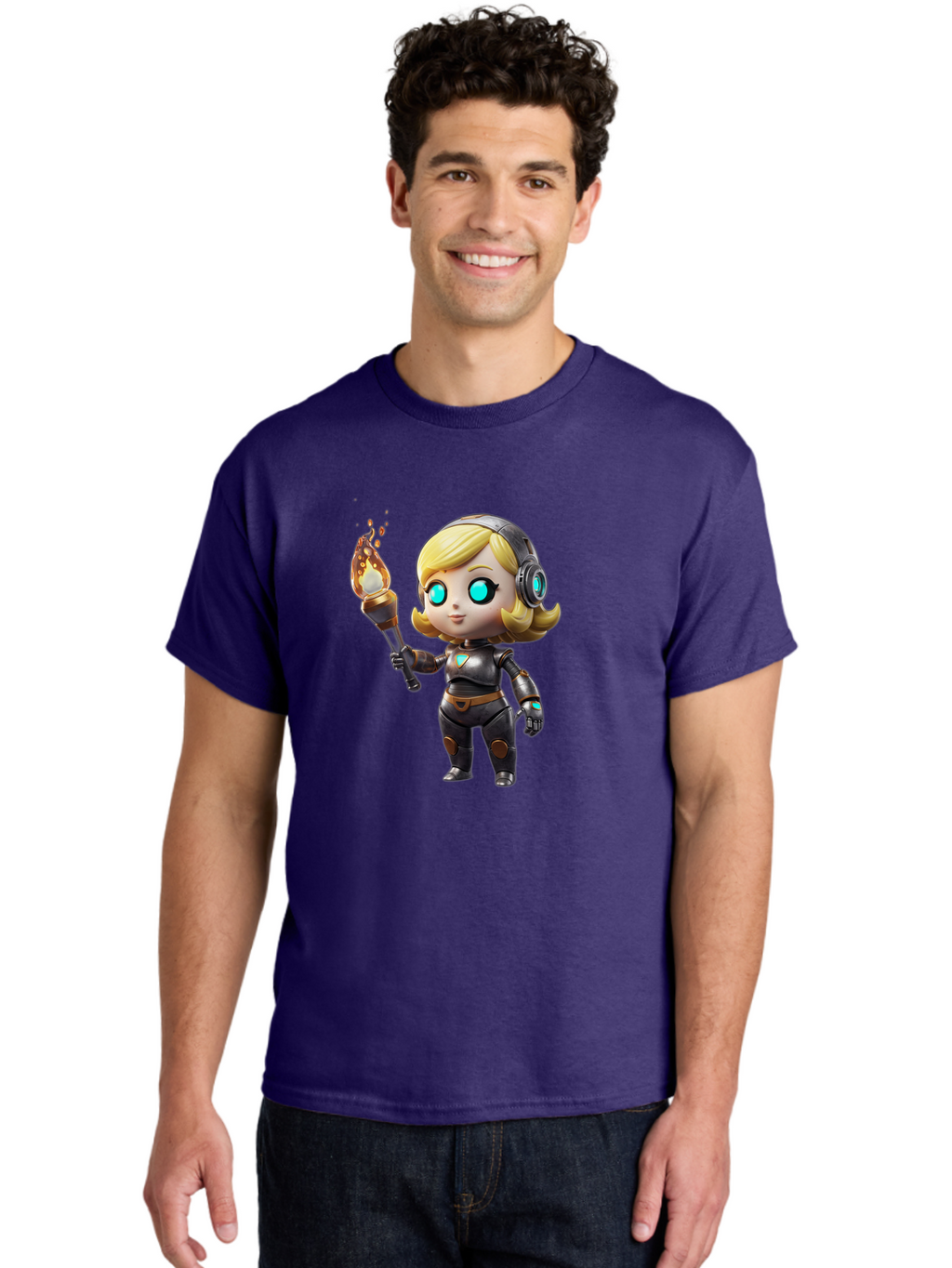 Cyberpunk-Girl Men'S Graphic Tee, 100% Cotton, Comfortable Casual Summer Wear, Machine Washable, Cartoon Girl, Robotic Armor, Futuristic Look, Blonde Hair, Blue Eyes, Torch In Hand, Flame Emitting Sparks, High-Tech Aesthetic, Cyberpunk Style, Bac970
