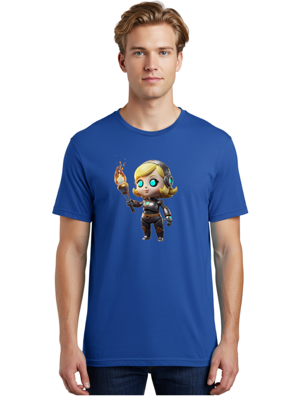 Cyberpunk-Girl Men'S Graphic Tee, 100% Cotton, Comfortable Casual Summer Wear, Machine Washable, Cartoon Girl, Robotic Armor, Futuristic Look, Blonde Hair, Blue Eyes, Torch In Hand, Flame Emitting Sparks, High-Tech Aesthetic, Cyberpunk Style, Bac970