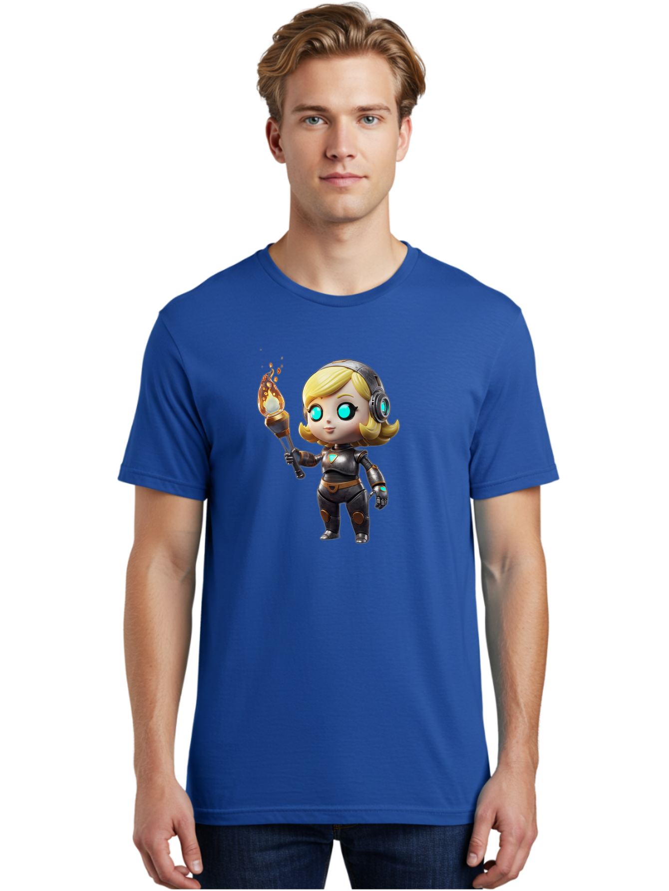 Cyberpunk-Girl Men'S Graphic Tee, 100% Cotton, Comfortable Casual Summer Wear, Machine Washable, Cartoon Girl, Robotic Armor, Futuristic Look, Blonde Hair, Blue Eyes, Torch In Hand, Flame Emitting Sparks, High-Tech Aesthetic, Cyberpunk Style, Bac970
