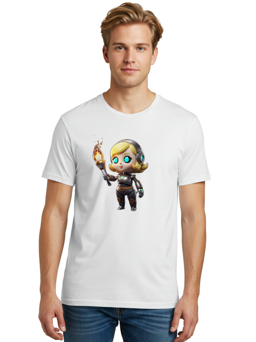 Cyberpunk-Girl Men'S Graphic Tee, 100% Cotton, Comfortable Casual Summer Wear, Machine Washable, Cartoon Girl, Robotic Armor, Futuristic Look, Blonde Hair, Blue Eyes, Torch In Hand, Flame Emitting Sparks, High-Tech Aesthetic, Cyberpunk Style, Bac970
