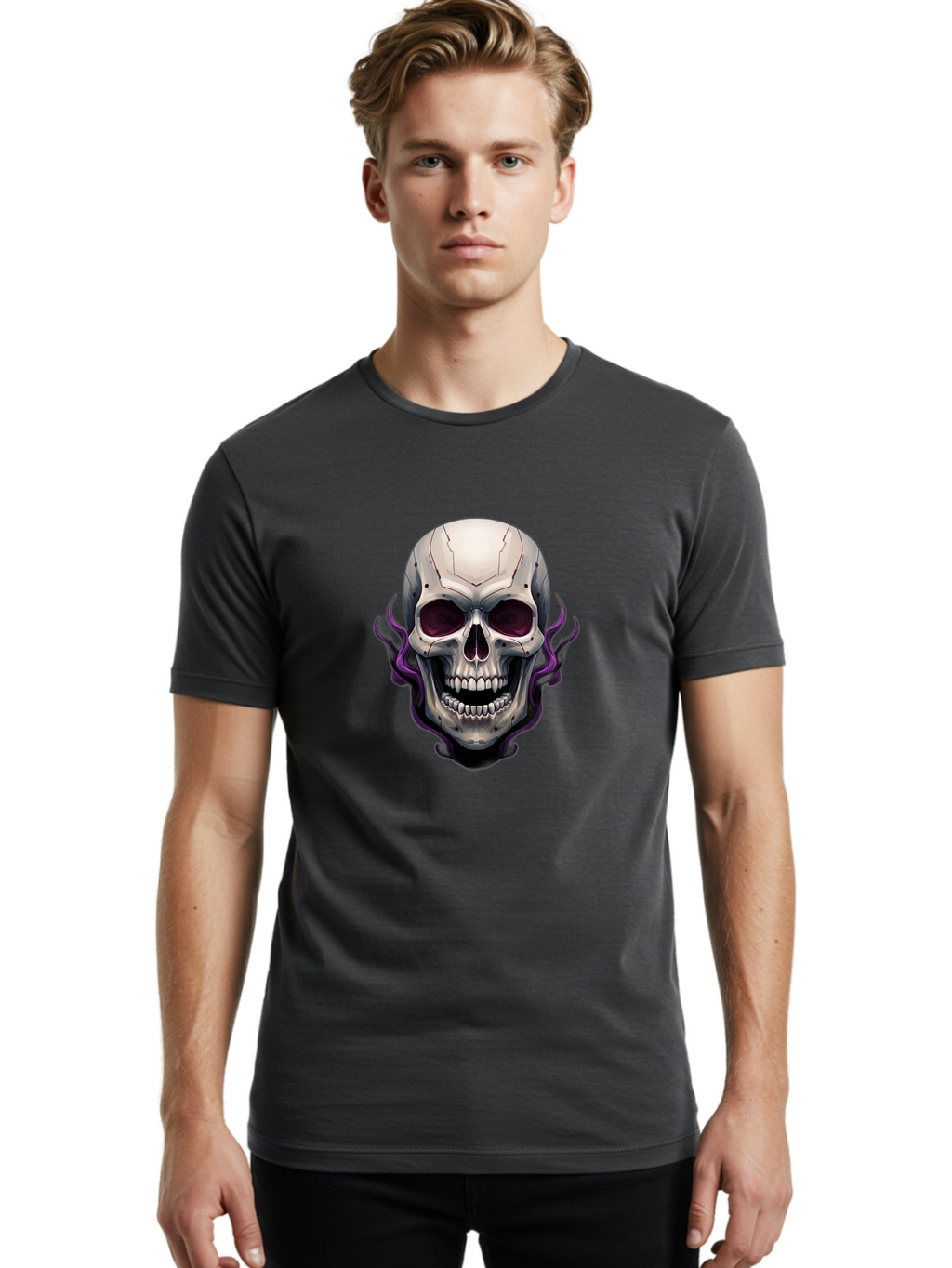 Cyborg-Skull Men'S Graphic Tee, 100% Cotton, Comfortable Casual Summer Wear, Machine Washable, Metallic Skull, Robotic Face, Purple Smoke, Futuristic Design, Cyberpunk Aesthetic, Dark Art, Halloween Theme, Gothic Style, Metal Texture, Bac971