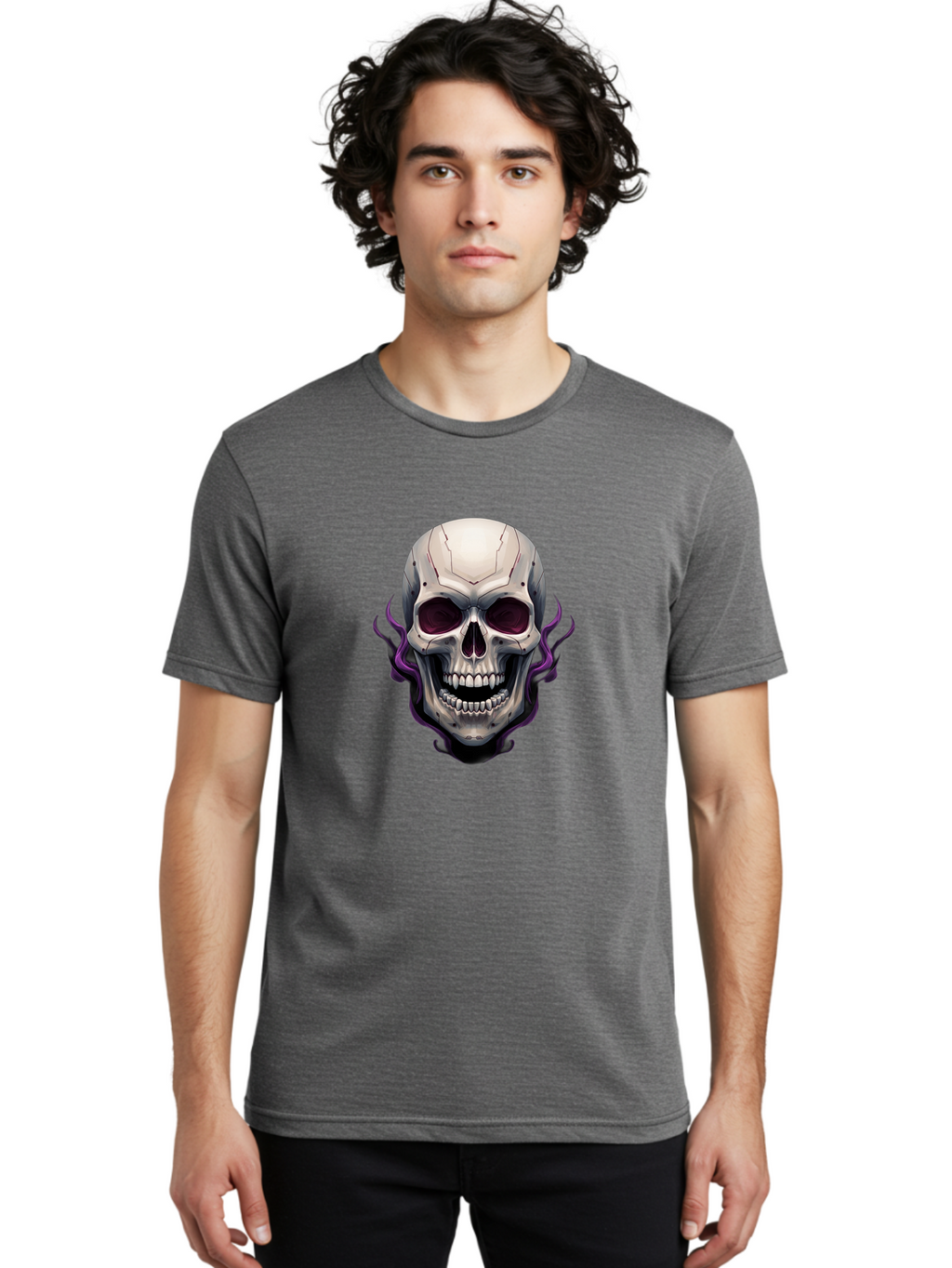 Cyborg-Skull Men'S Graphic Tee, 100% Cotton, Comfortable Casual Summer Wear, Machine Washable, Metallic Skull, Robotic Face, Purple Smoke, Futuristic Design, Cyberpunk Aesthetic, Dark Art, Halloween Theme, Gothic Style, Metal Texture, Bac971