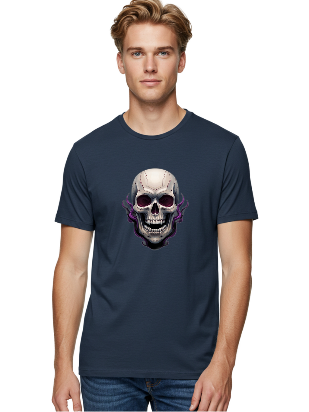 Cyborg-Skull Men'S Graphic Tee, 100% Cotton, Comfortable Casual Summer Wear, Machine Washable, Metallic Skull, Robotic Face, Purple Smoke, Futuristic Design, Cyberpunk Aesthetic, Dark Art, Halloween Theme, Gothic Style, Metal Texture, Bac971