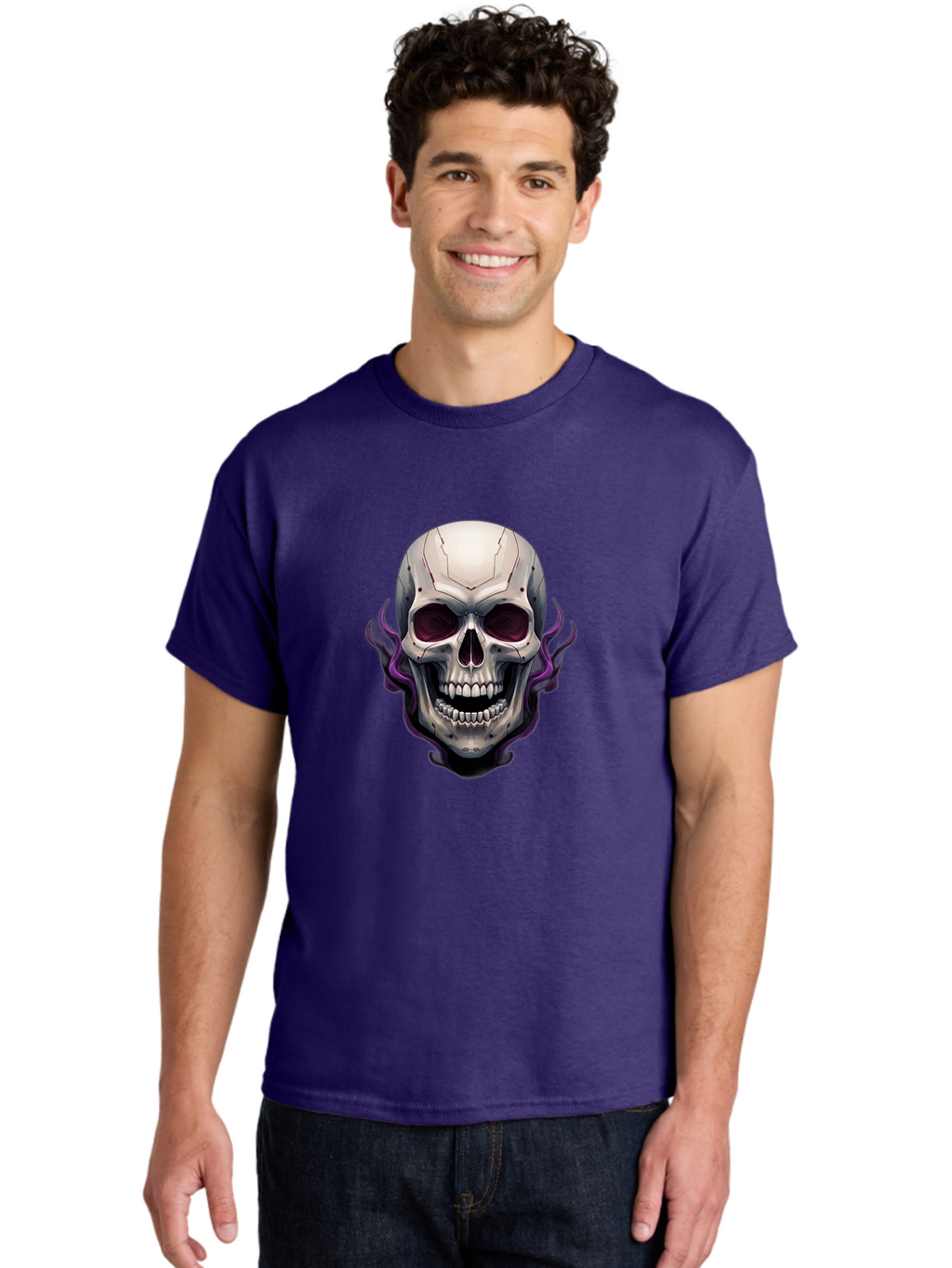 Cyborg-Skull Men'S Graphic Tee, 100% Cotton, Comfortable Casual Summer Wear, Machine Washable, Metallic Skull, Robotic Face, Purple Smoke, Futuristic Design, Cyberpunk Aesthetic, Dark Art, Halloween Theme, Gothic Style, Metal Texture, Bac971