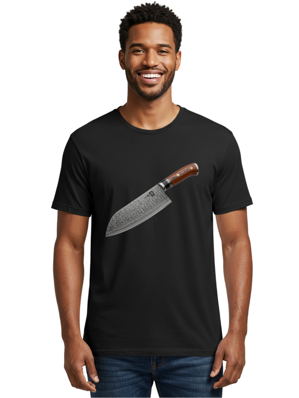 Damascus-Chef-S-Knife Men'S Graphic Tee, 100% Cotton, Comfortable Casual Summer Wear, Machine Washable, Damascus Steel Chef'S Knife, Kitchen Knife, Sharp Blade, Intricate Design, Wooden Handle, Brass Rivets, Chef'S Tool, Cutting Edge, Cookware Bac972