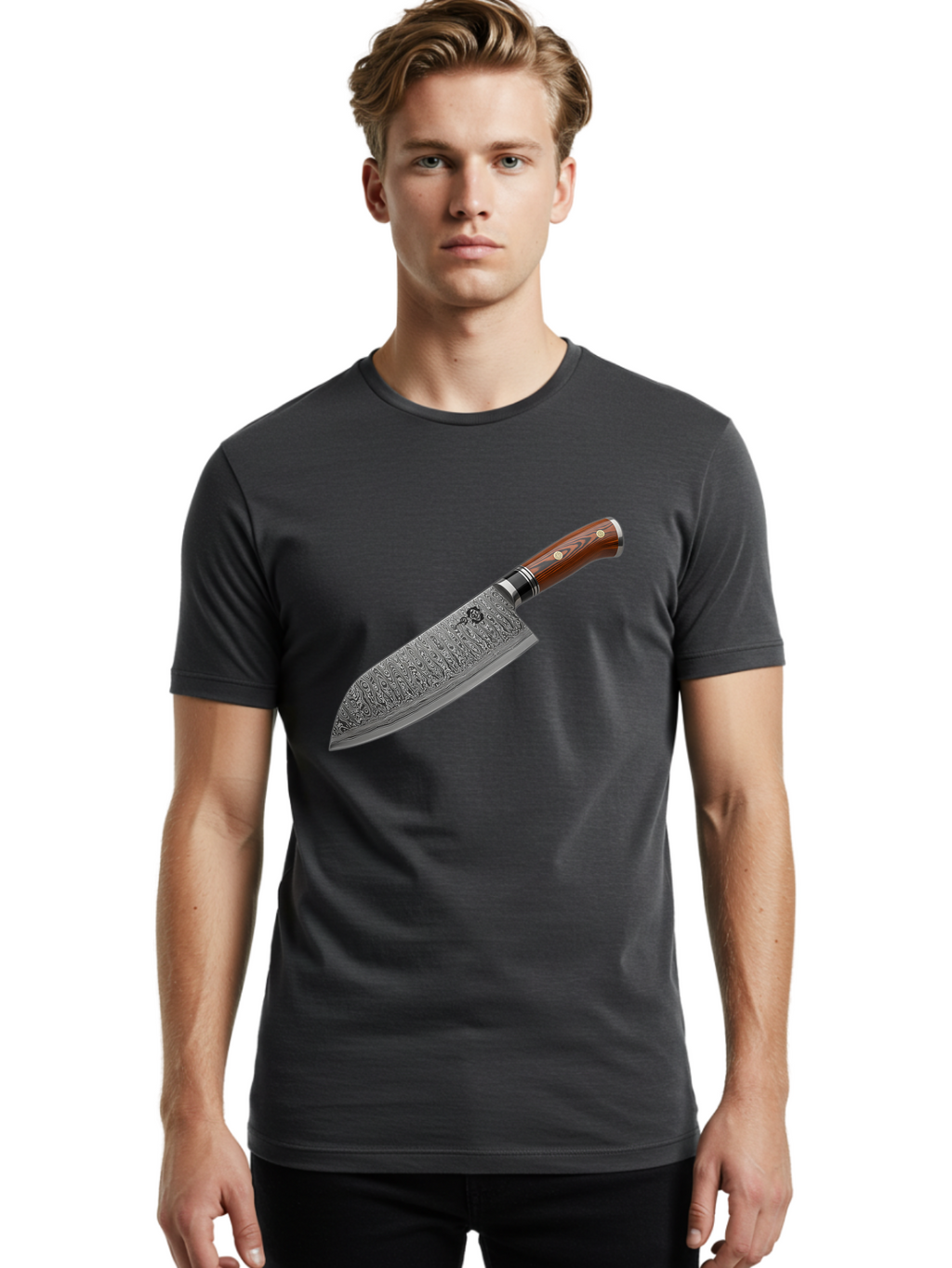 Damascus-Chef-S-Knife Men'S Graphic Tee, 100% Cotton, Comfortable Casual Summer Wear, Machine Washable, Damascus Steel Chef'S Knife, Kitchen Knife, Sharp Blade, Intricate Design, Wooden Handle, Brass Rivets, Chef'S Tool, Cutting Edge, Cookware Bac972