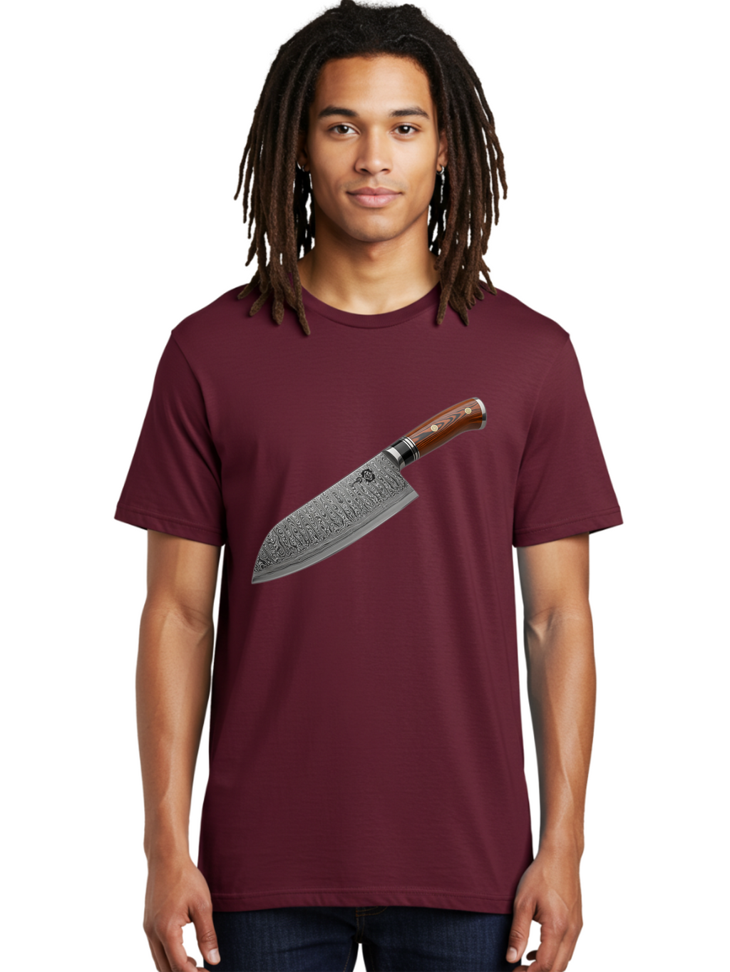 Damascus-Chef-S-Knife Men'S Graphic Tee, 100% Cotton, Comfortable Casual Summer Wear, Machine Washable, Damascus Steel Chef'S Knife, Kitchen Knife, Sharp Blade, Intricate Design, Wooden Handle, Brass Rivets, Chef'S Tool, Cutting Edge, Cookware Bac972