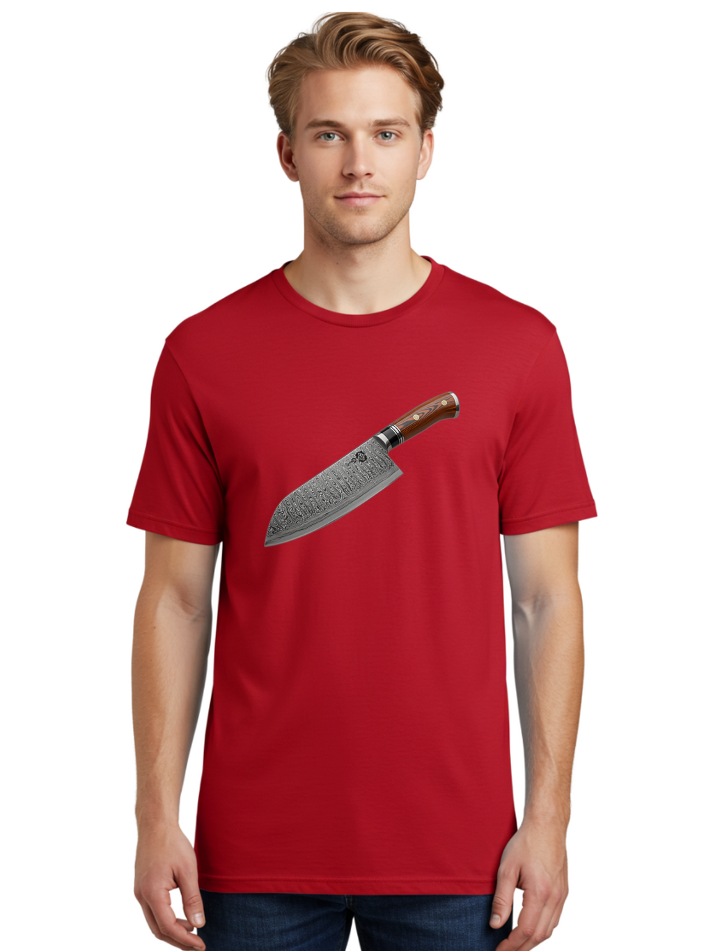 Damascus-Chef-S-Knife Men'S Graphic Tee, 100% Cotton, Comfortable Casual Summer Wear, Machine Washable, Damascus Steel Chef'S Knife, Kitchen Knife, Sharp Blade, Intricate Design, Wooden Handle, Brass Rivets, Chef'S Tool, Cutting Edge, Cookware Bac972
