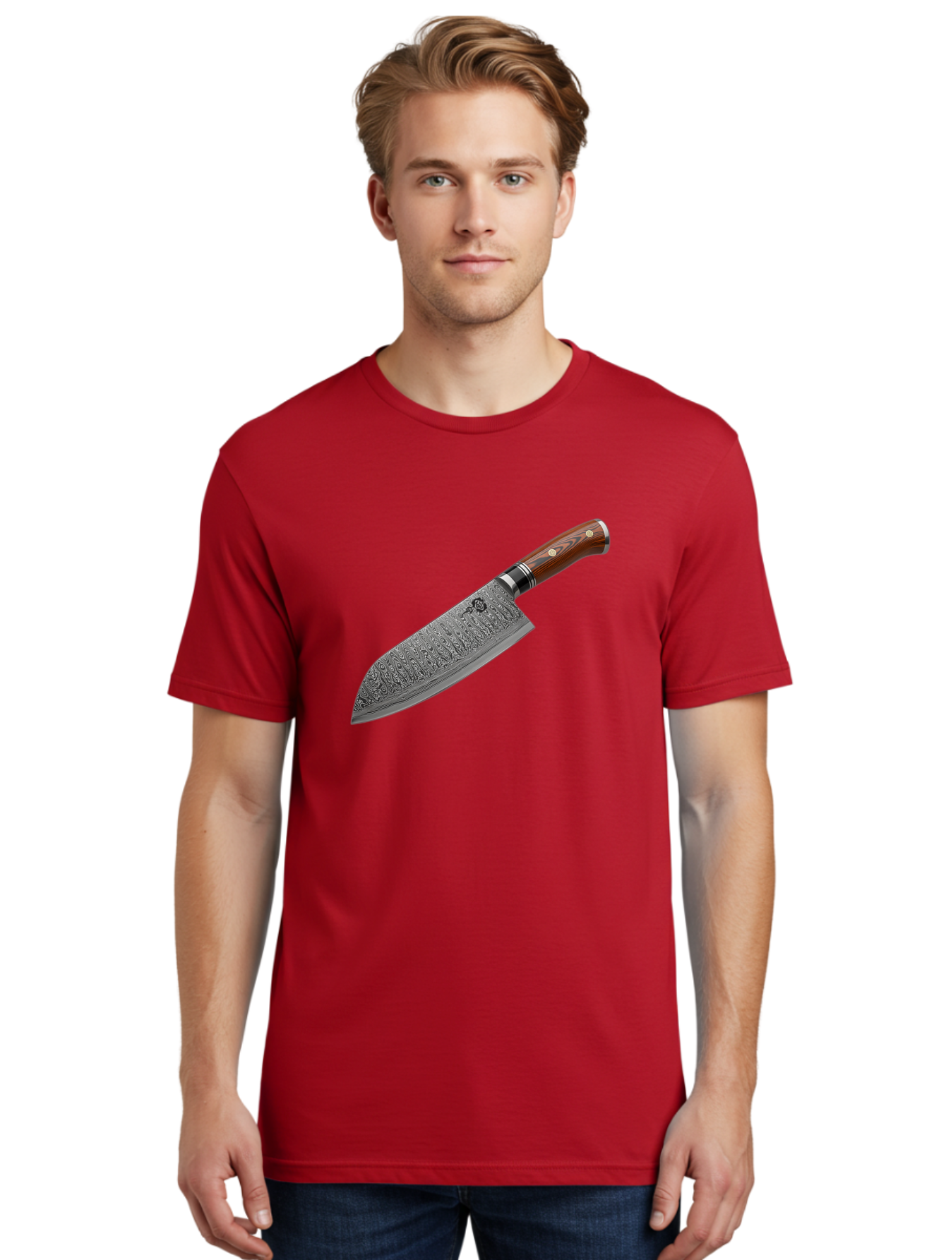 Damascus-Chef-S-Knife Men'S Graphic Tee, 100% Cotton, Comfortable Casual Summer Wear, Machine Washable, Damascus Steel Chef'S Knife, Kitchen Knife, Sharp Blade, Intricate Design, Wooden Handle, Brass Rivets, Chef'S Tool, Cutting Edge, Cookware Bac972